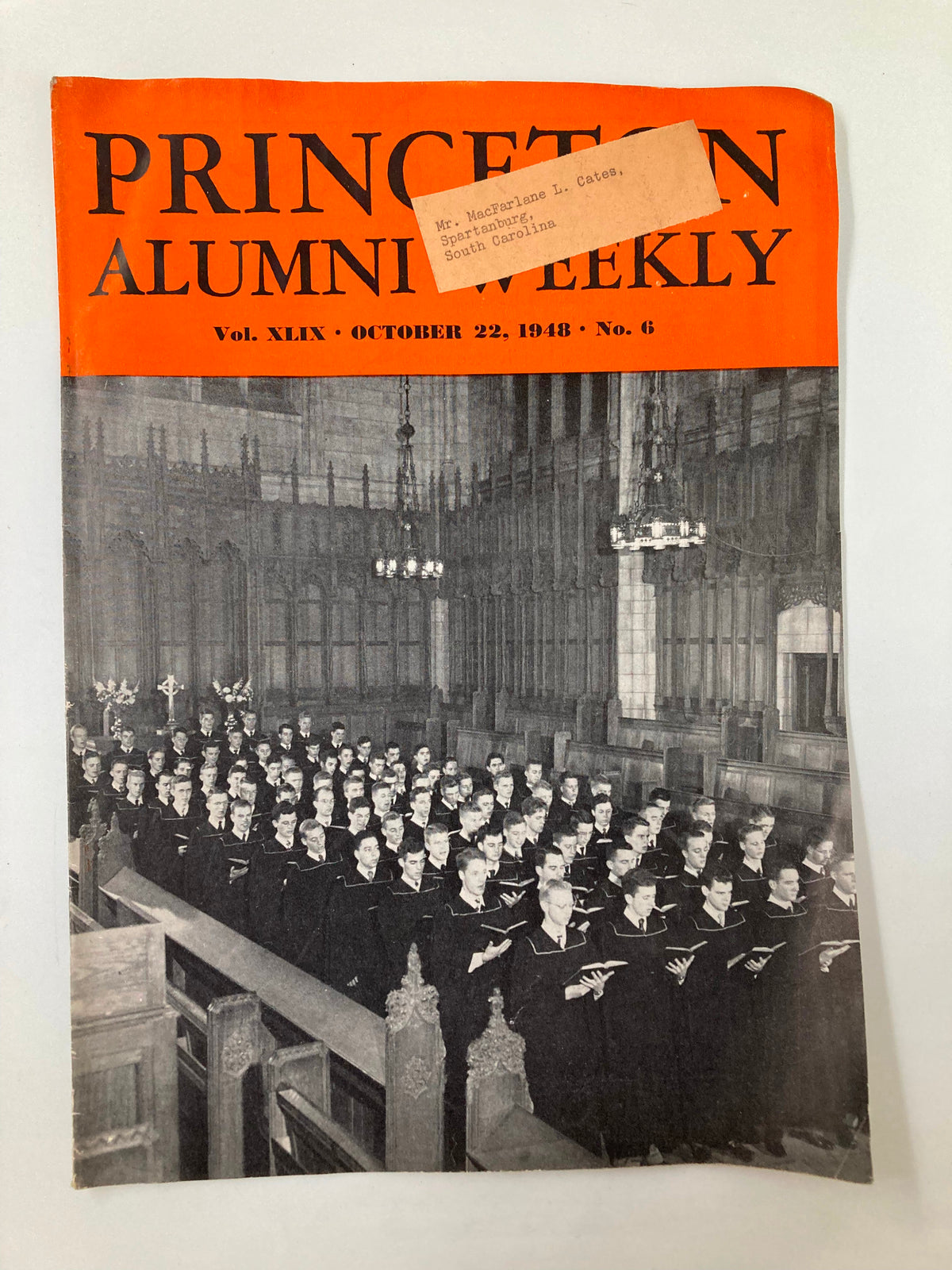 Cover of VTG Princeton Alumni Weekly October 22 1948 featuring a gathering of Princeton alumni in academic robes with a vintage orange header.