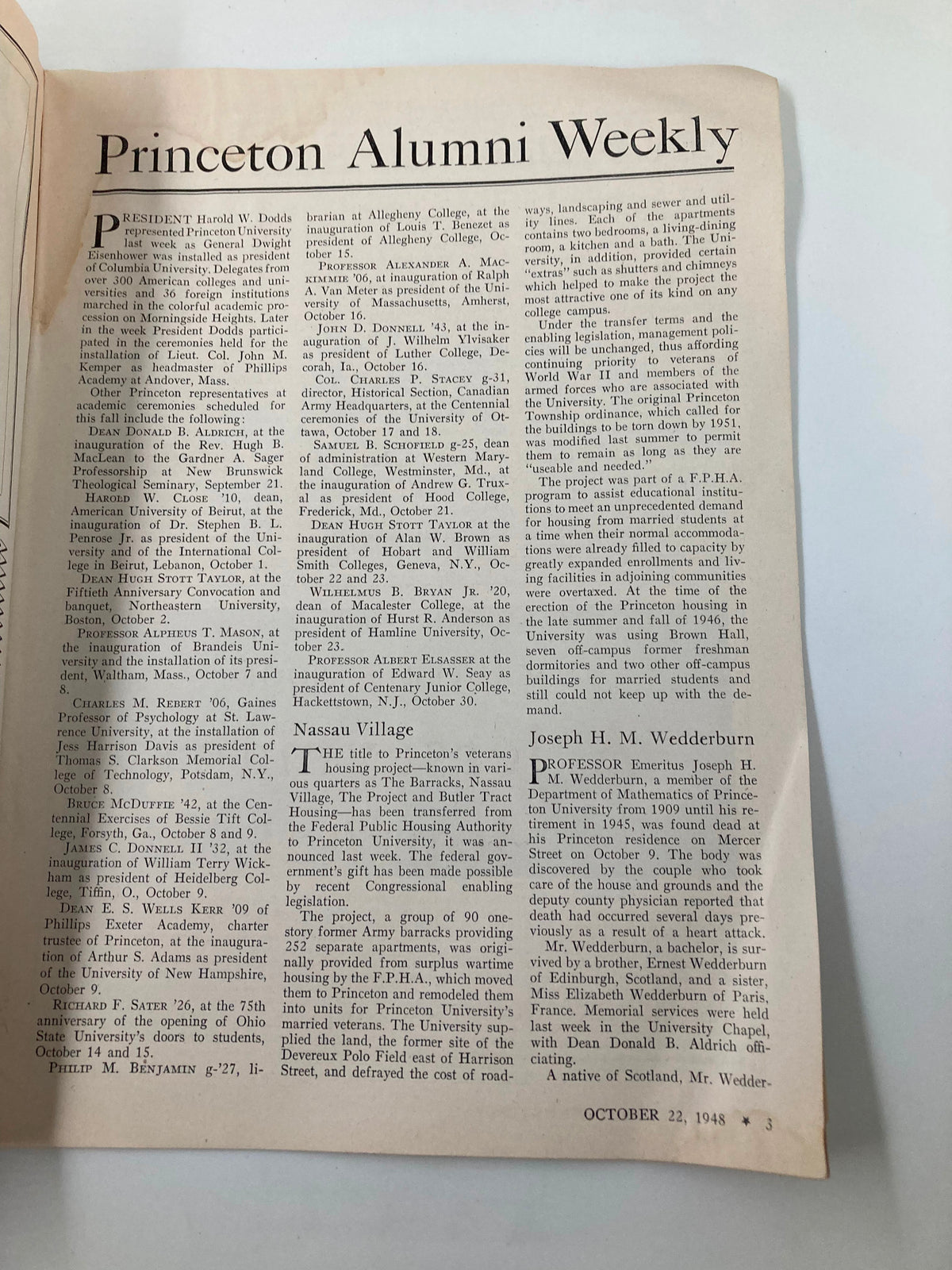 Interior page of VTG Princeton Alumni Weekly October 22 1948 discussing university events and alumni news, showcasing historical content.
