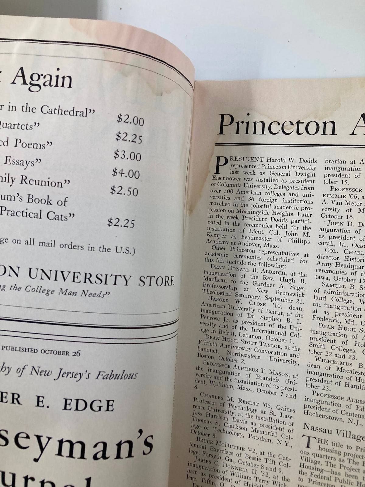 Interior view of VTG Princeton Alumni Weekly from October 22, 1948, featuring articles about Harold Dodds and Princeton University events.
