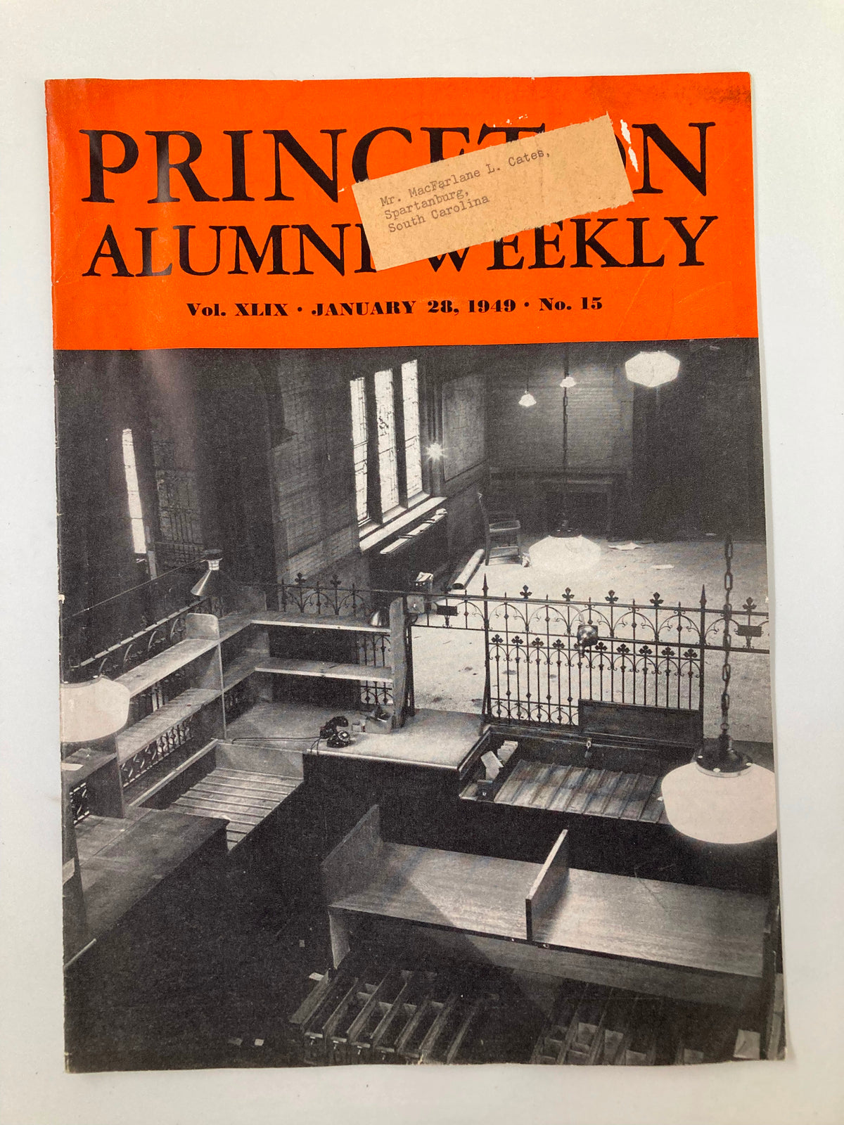 Cover of VTG Princeton Alumni Weekly January 28 1949 featuring vintage design and a label addressed to Mr. MacFarlane L. Cate, Spartanburg, South Carolina.