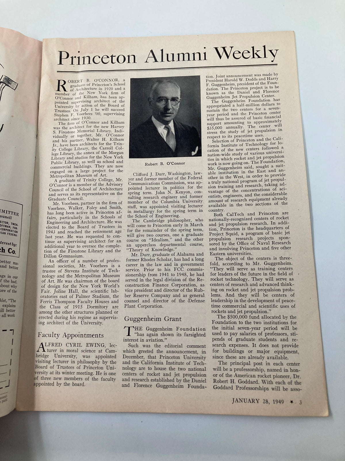 Inside page of VTG Princeton Alumni Weekly January 28 1949 featuring a profile of Robert B. O'Connor, highlighting his contributions to architecture.