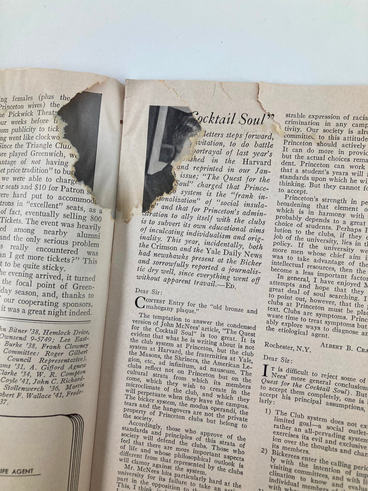 Another interior page from the VTG Princeton Alumni Weekly dated March 13, 1959, featuring a significant tear and vintage articles discussing the Princeton Club system.