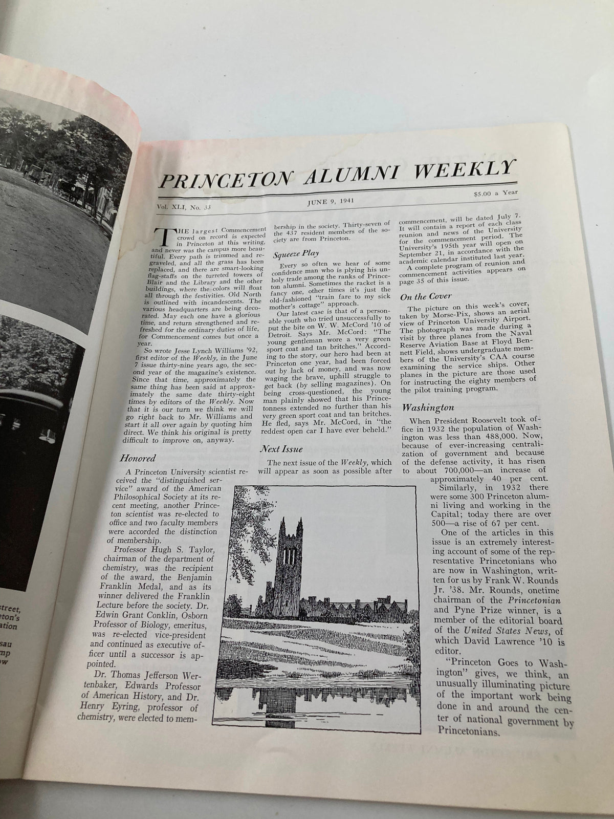 Inside view of the VTG Princeton Alumni Weekly dated June 9, 1941, featuring articles and illustrations, reflecting on topics of interest during World War II.