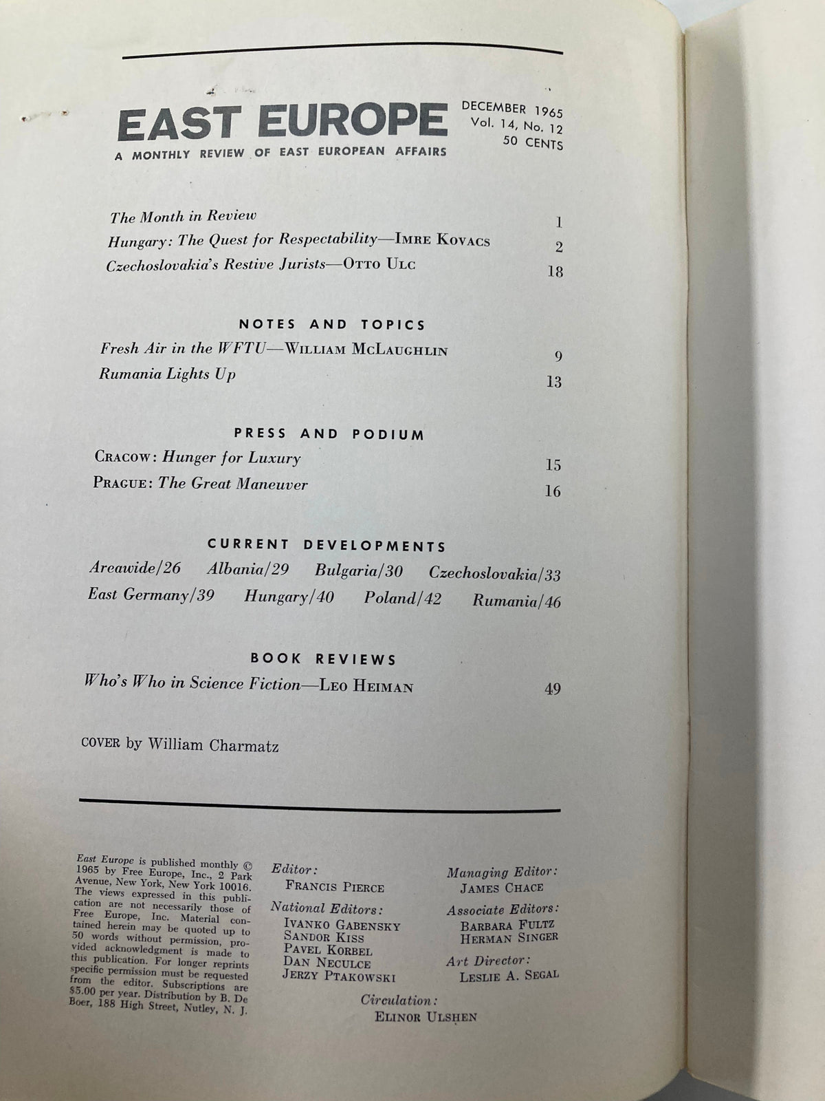 Table of contents from the VTG East Europe Magazine December 1965, featuring articles on Hungary's Quest Abroad, Czechoslovakia's jurists, and reviews of historical events in Eastern Europe.