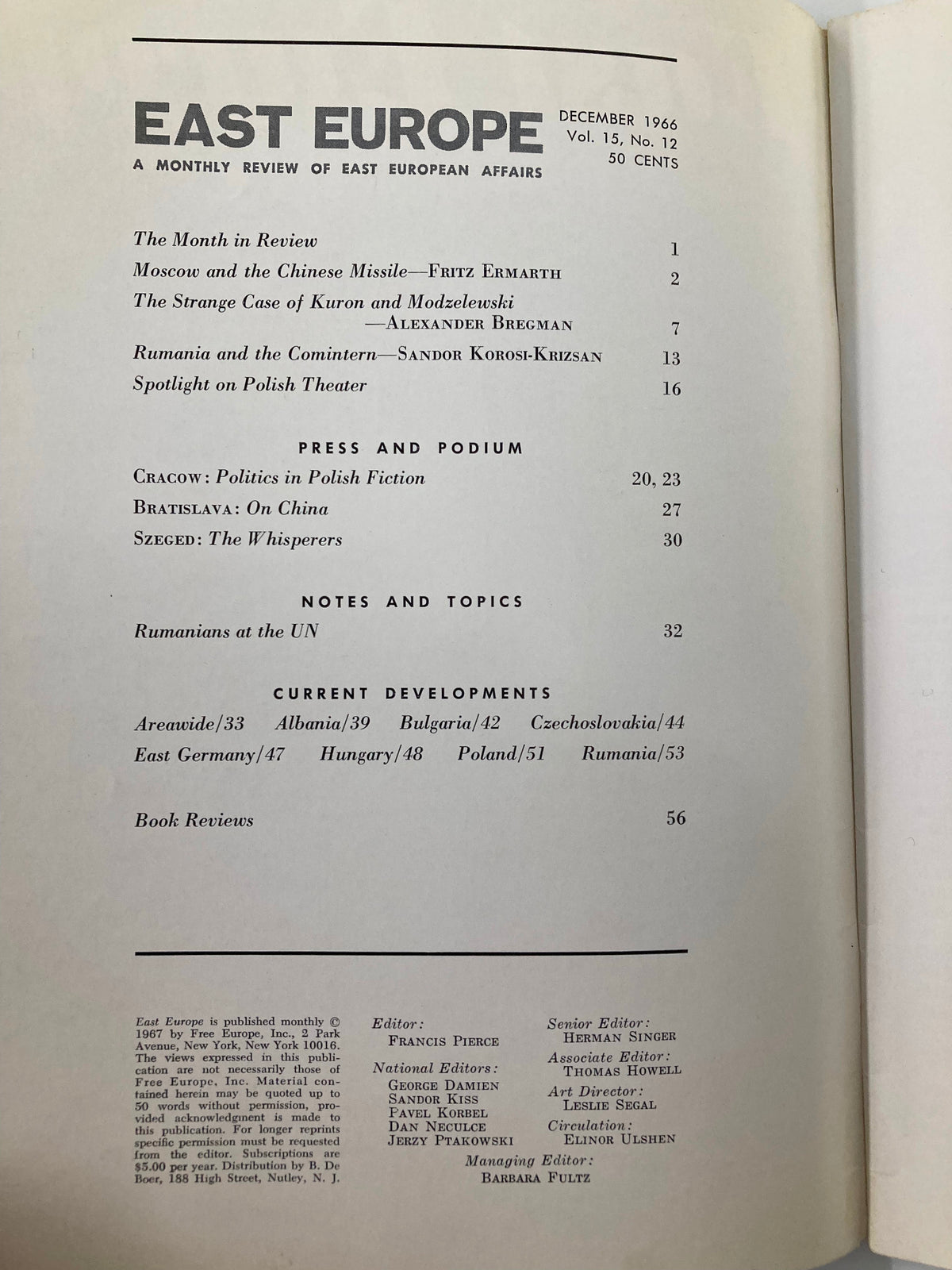 Table of contents page from VTG East Europe Magazine December 1966, outlining key articles including 'Moscow and the Chinese Missile,' enhancing historical context.