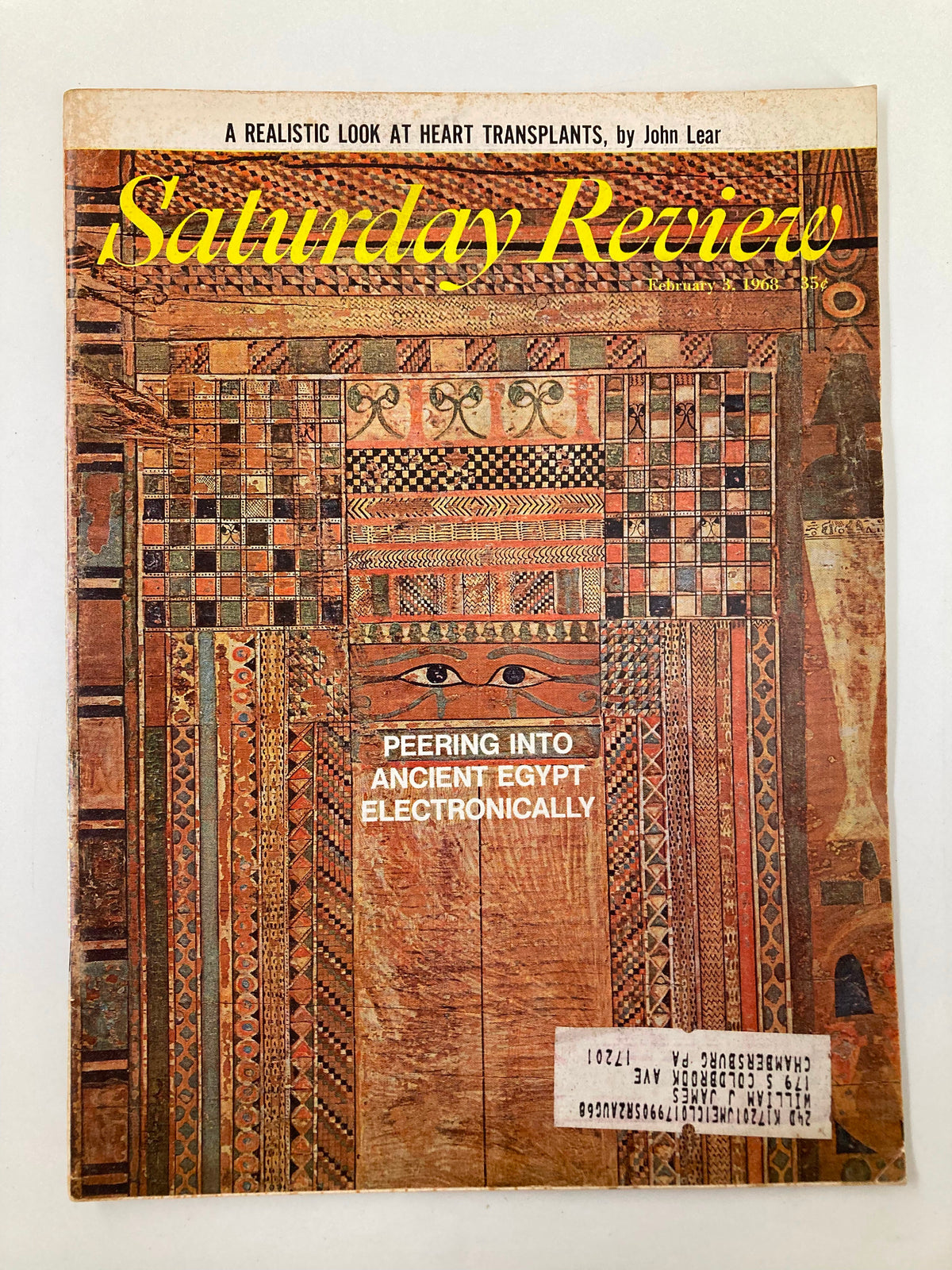 Cover of VTG Saturday Review Magazine February 3 1968 featuring intricate artwork related to ancient Egypt with the headline 'Peering Into Ancient Egypt Electronically'.