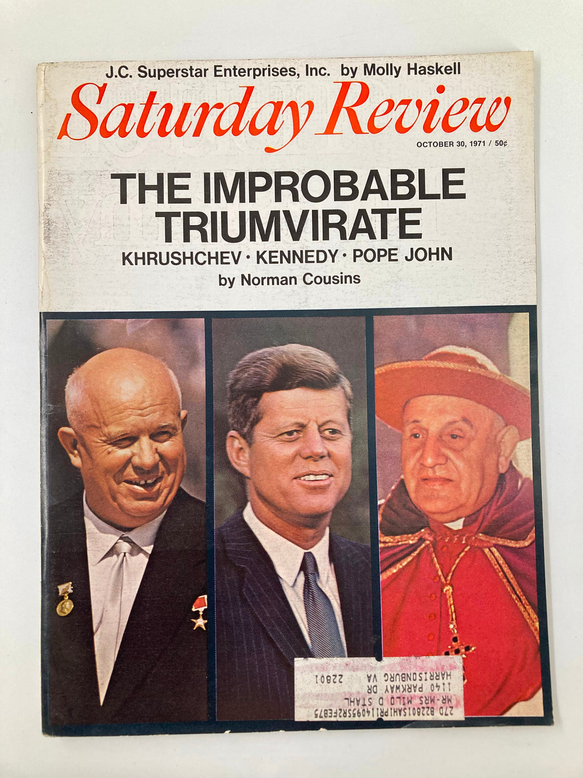 VTG Saturday Review Magazine Cover from October 30, 1971, featuring the title 'The Improbable Triumvirate: Khrushchev, Kennedy & Pope John' with images of the three prominent historical figures.