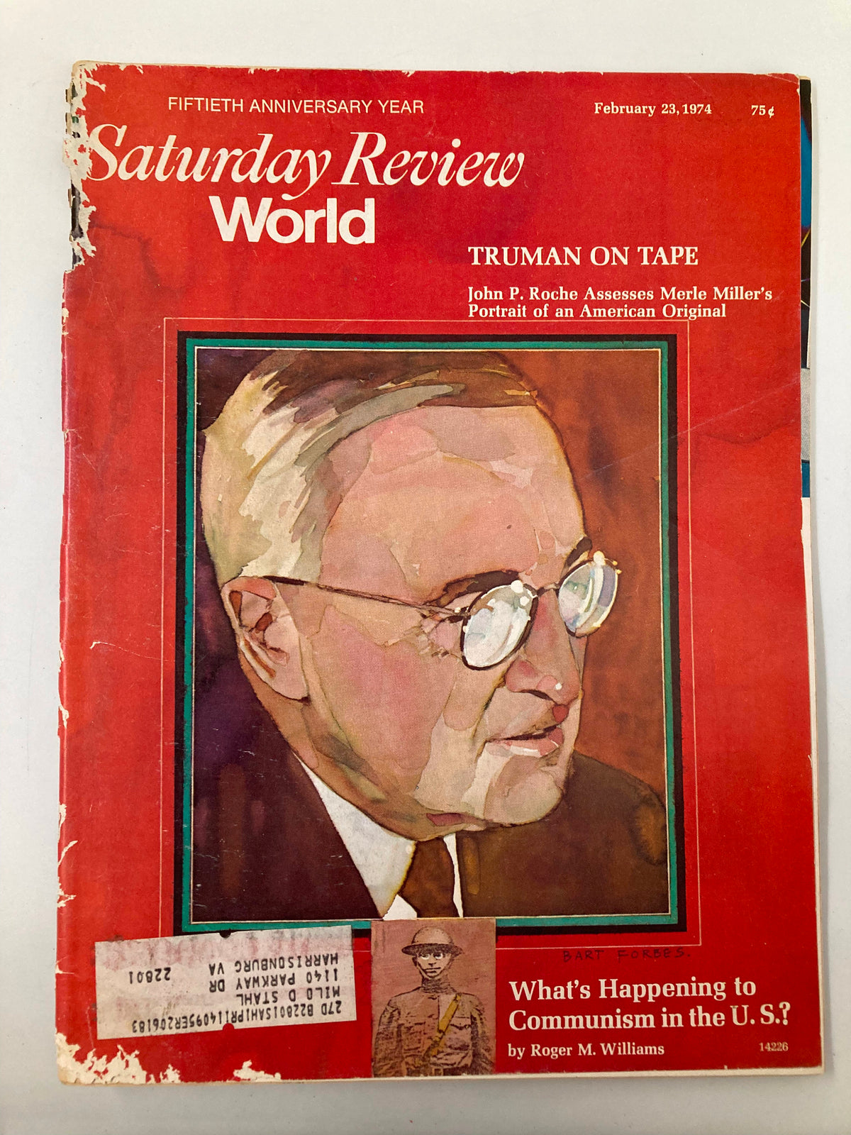 Cover of the February 23, 1974, Saturday Review Magazine titled 'VTG Saturday Review Magazine February 23 1974 Harry S. Truman on Tape,' featuring an artistic portrait of Harry S. Truman and headlines discussing the magazine's 50th anniversary and articles related to Truman.