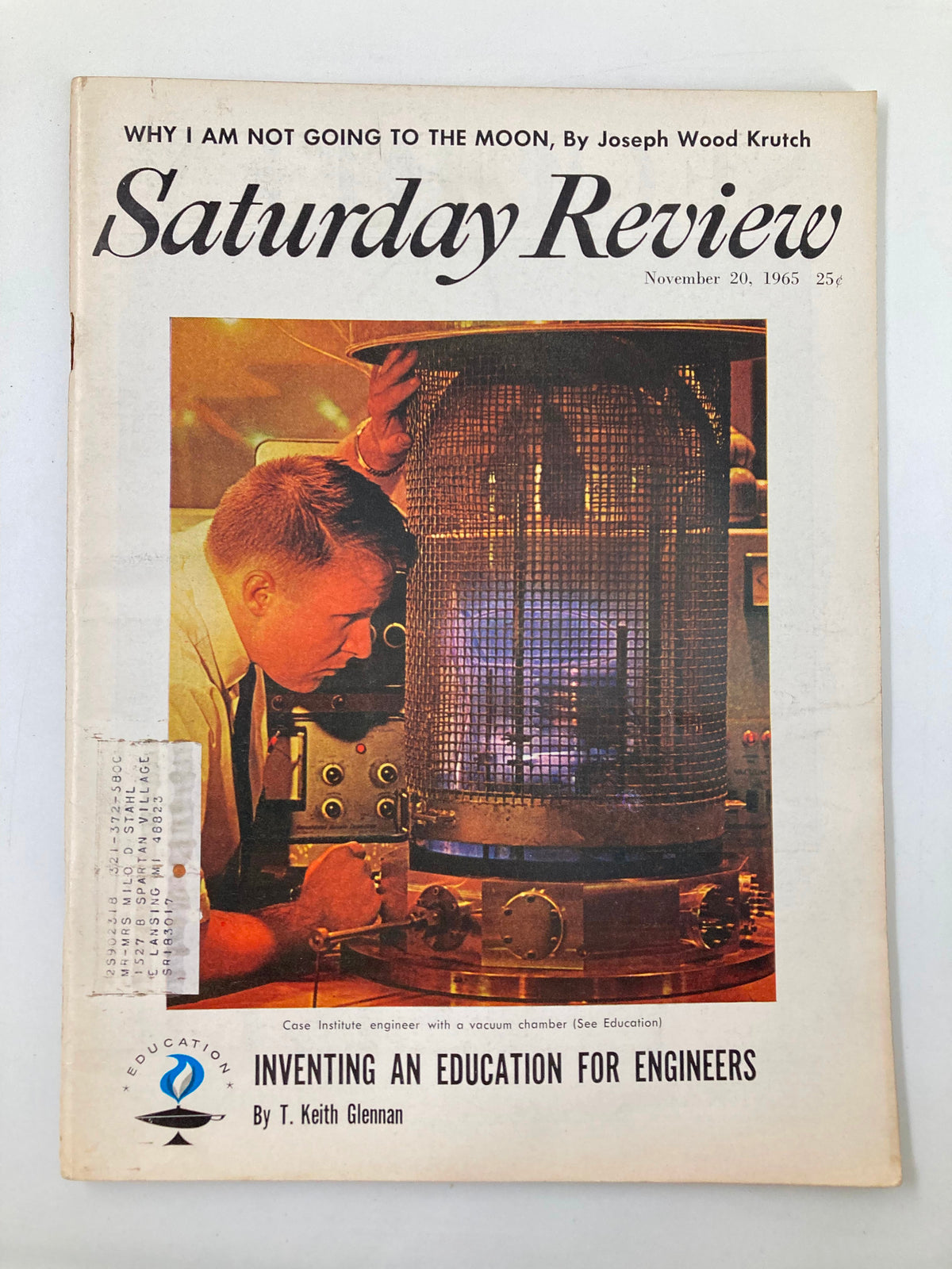 Cover of Saturday Review Magazine from November 20, 1965, featuring an article titled 'Inventing An Education for Engineers' with an image of an engineer working with a vacuum chamber.