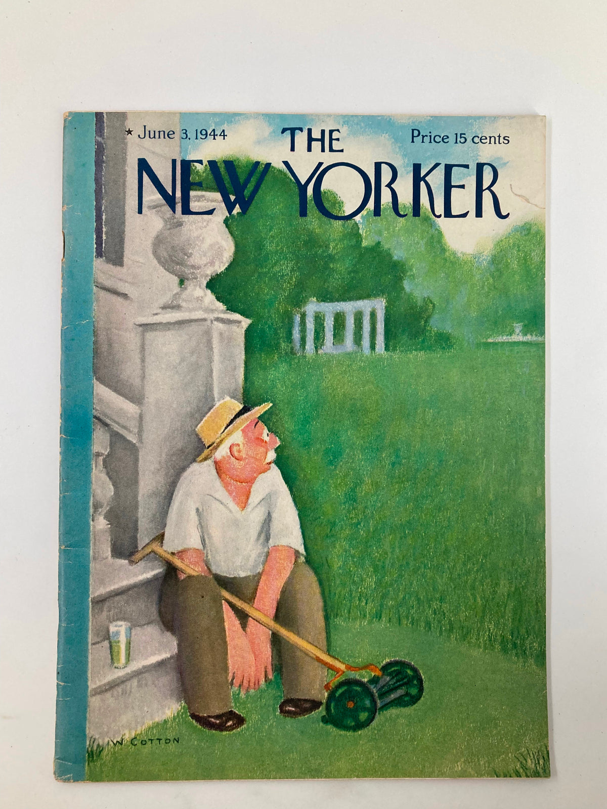 Cover of The New Yorker Magazine dated June 3, 1944 featuring an illustration of a man cutting grass by Will Cotton, showcasing vibrant colors and a serene garden scene.