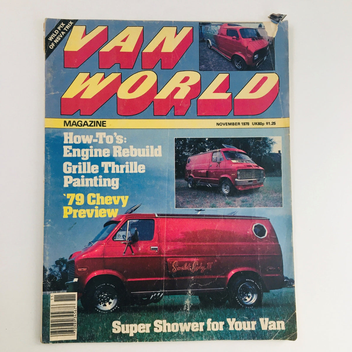 Cover of Van World Magazine November 1978 featuring a '79 Chevy Preview and articles on engine rebuilds, grille thrille painting, and tips for custom van showers. The magazine displays vibrant colors and a vintage design, showcasing the van culture of the late 1970s.