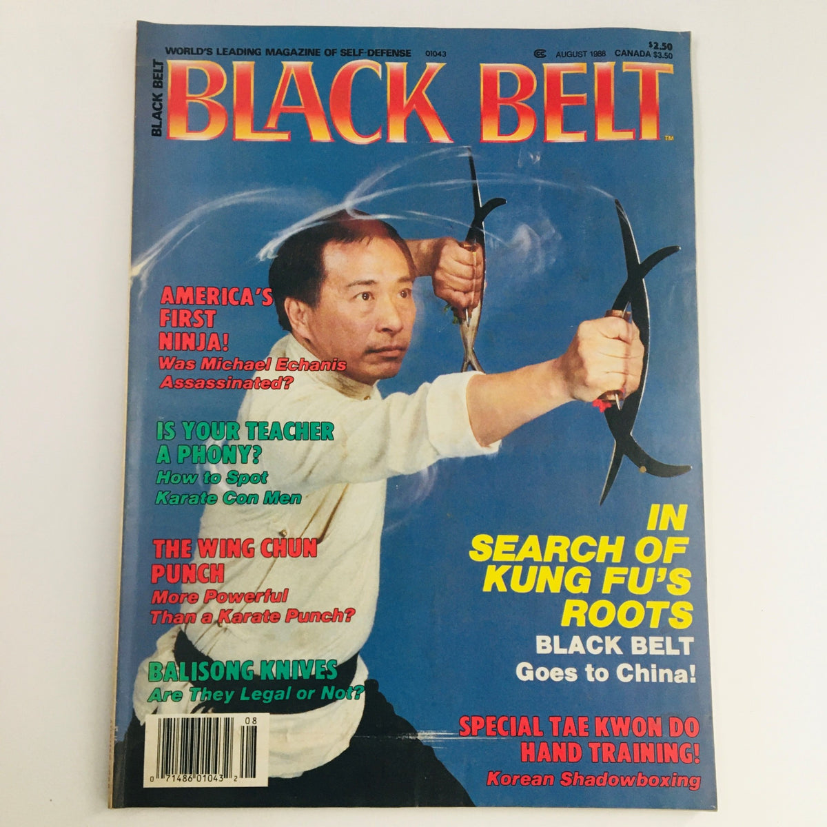 Front cover of Black Belt Magazine August 1988 Vol 26 #8 featuring Adam Hsu and The Wing Chun Punch. The cover includes headlines about martial arts techniques and cultural aspects, highlighting the magazine's focus on self-defense and martial arts history.