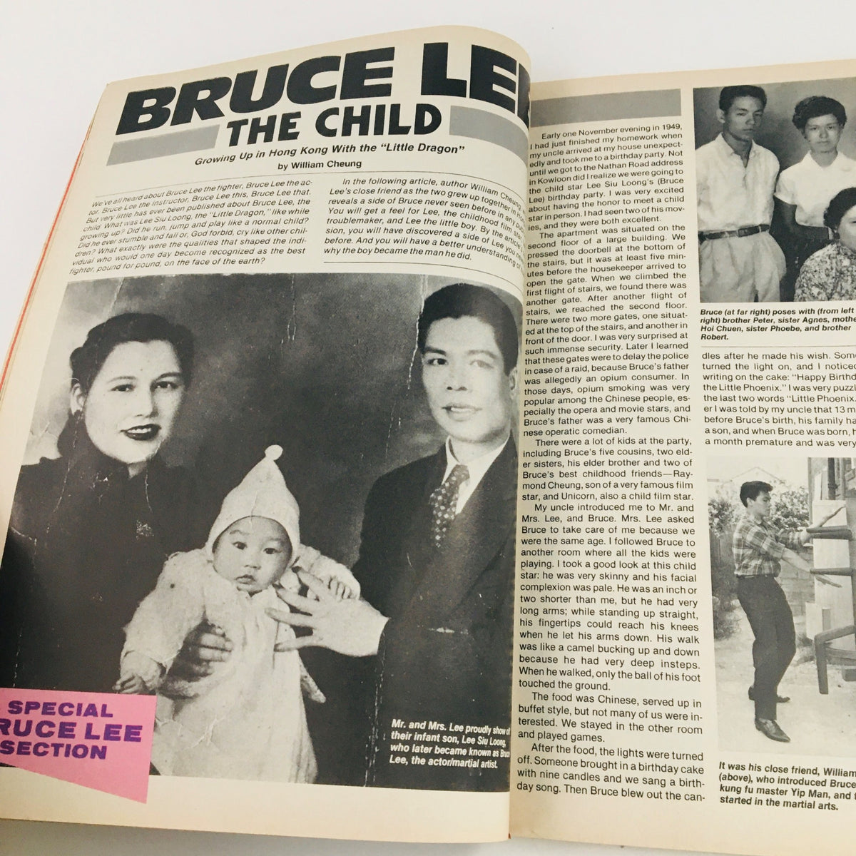 Page from Black Belt Magazine December 1987 Vol 25 #12, detailing Bruce Lee's early life with images of his family, reflecting on his childhood.
