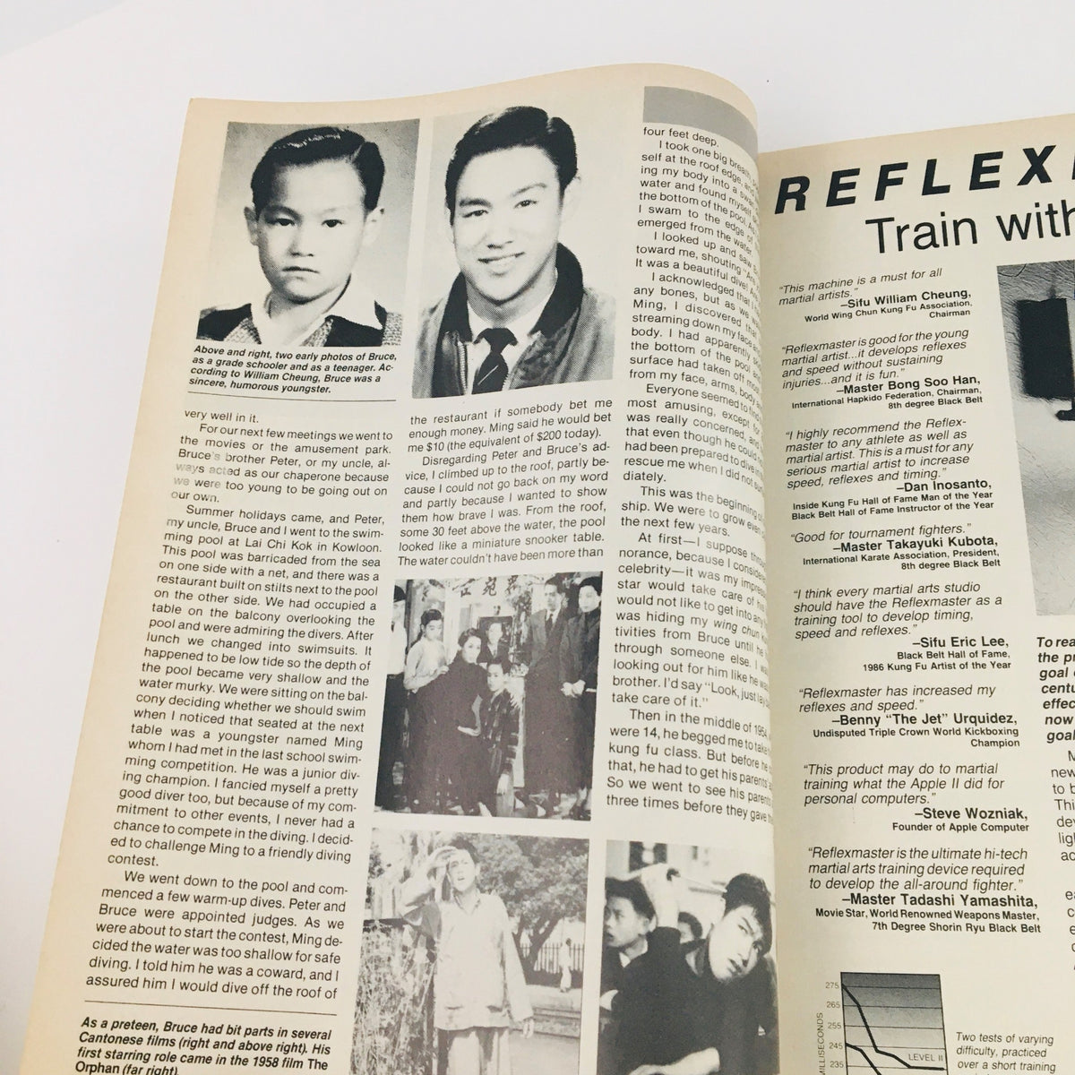 Page from Black Belt Magazine December 1987 Vol 25 #12, featuring early portraits of Bruce Lee and discussing his experiences and milestones.