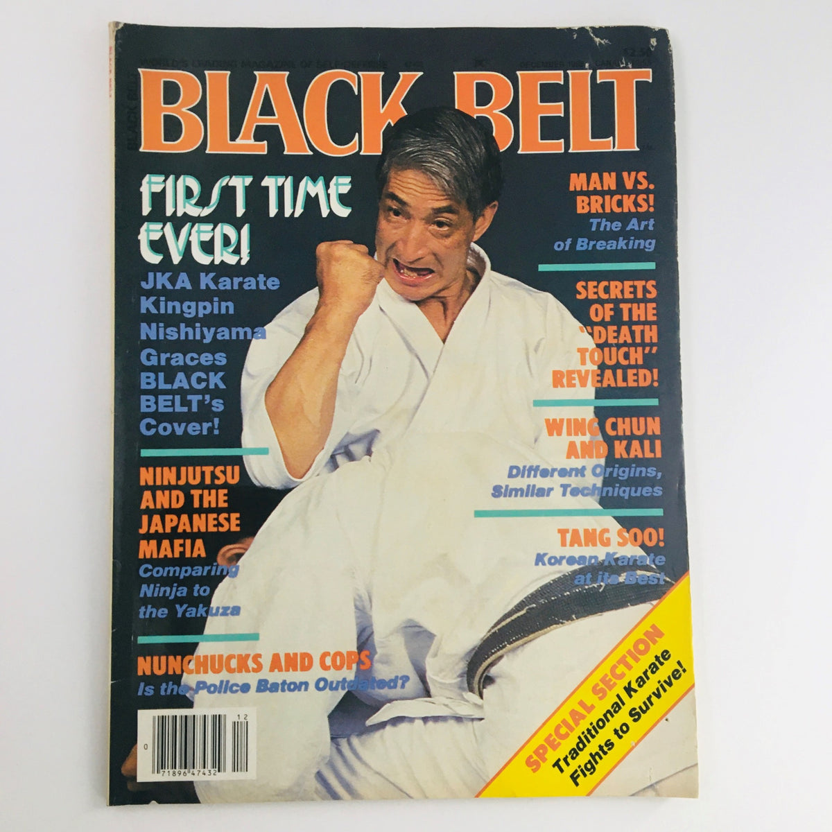 Cover of Black Belt Magazine December 1986 Vol 24 #12 featuring Kingpin Hidetaka Nishiyama, showcasing martial arts techniques with articles on breaking, Ninjutsu, and traditional karate for survival.