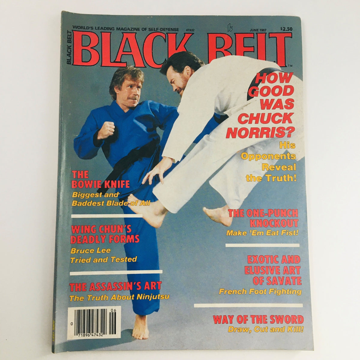 Cover of Black Belt Magazine, June 1987, Vol 25 #6 featuring Chuck Norris and martial arts imagery, with articles on self-defense, the Bowie knife, and Wing Chun.