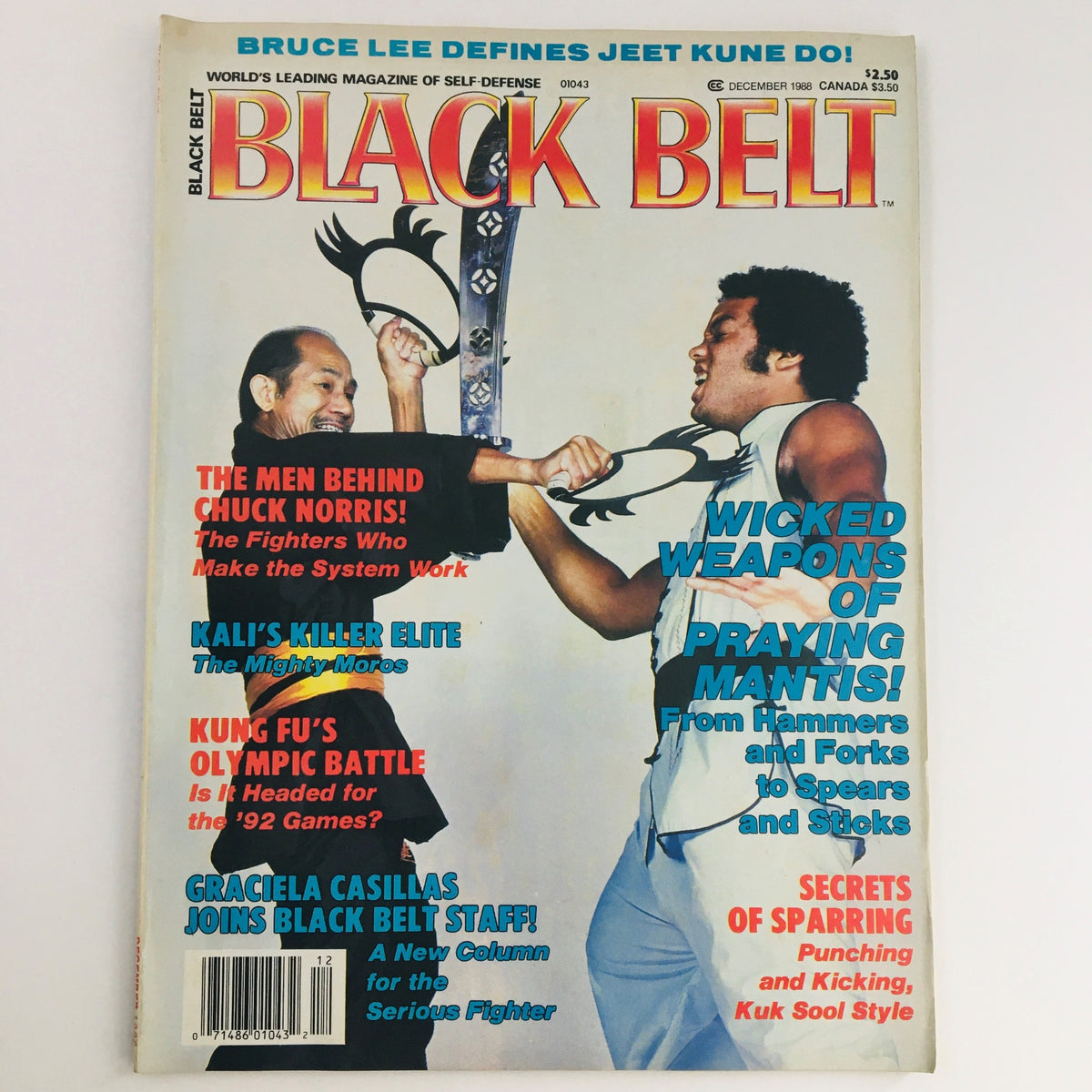 Cover of Black Belt Magazine December 1988 Vol 26 #12 featuring martial artists demonstrating techniques, with headlines about Chuck Norris, Kali, and Praying Mantis techniques, reflecting the rich martial arts culture of the late 1980s.