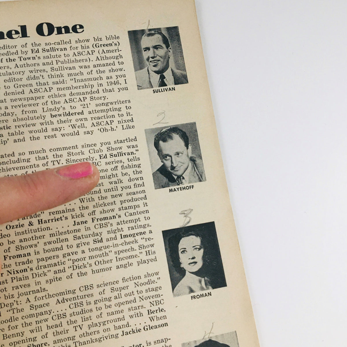 Inside page of TV Forecast Magazine dated October 18, 1952 featuring notable figures like Ed Sullivan, John Mayehoff, and Joan Froman, discussing television programming and popular culture.