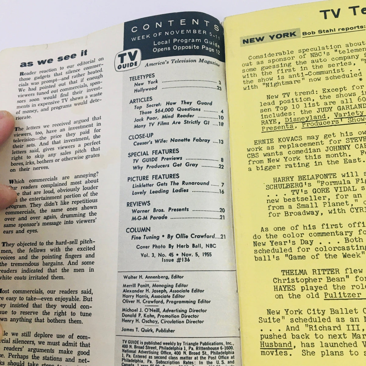 Inside contents page of TV Guide Magazine November 5 1955 Vol 3 #45, listing articles and features including a close-up on actress Nanette Fabray.