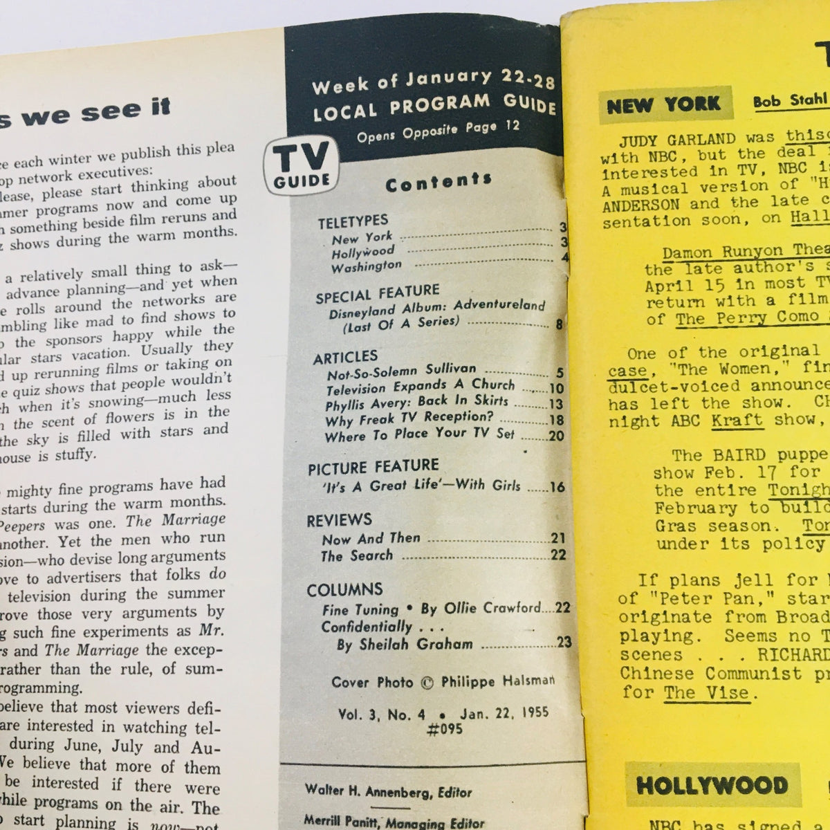 Interior page of TV Guide Magazine from January 22, 1955, Vol 3 #4, showcasing contents and articles including Ed Sullivan and programming highlights.