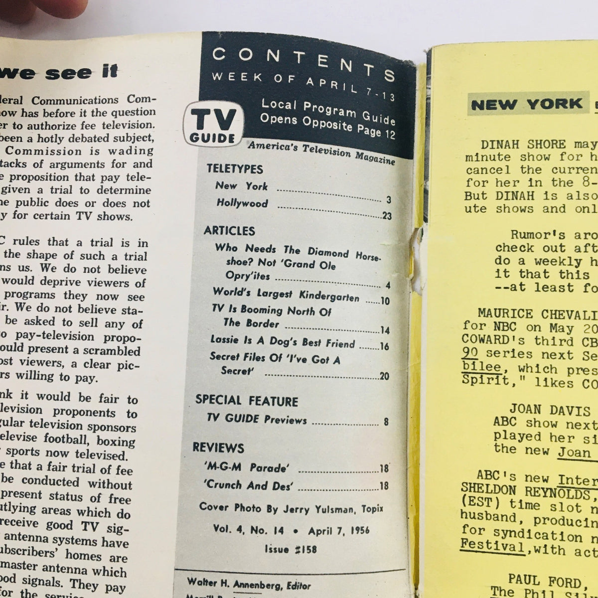 Contents page of TV Guide Magazine April 7 1956 showing local program listings and articles.