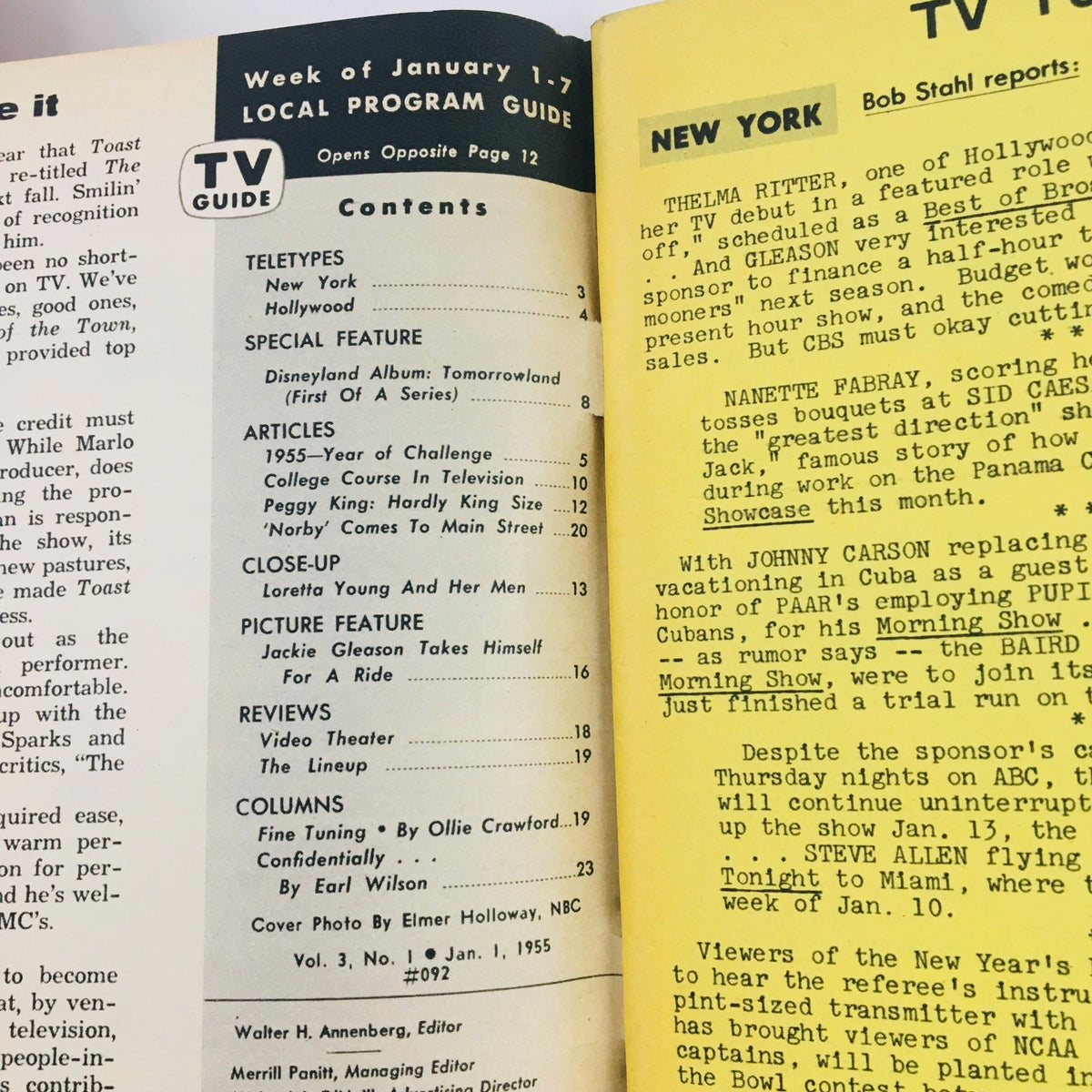 Interior page of TV Guide Magazine January 1 1955 Vol 3 #1, displaying the contents section with listings and articles, including a feature on Loretta Young.
