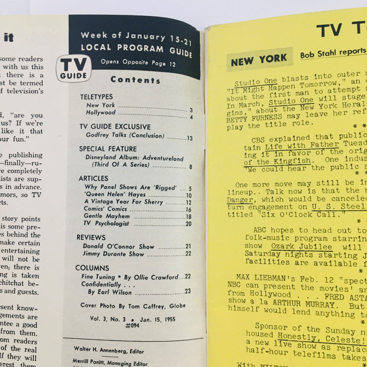 Inside page of TV Guide Magazine January 15, 1955, Vol 3 #3 listing local program guide contents and articles, including coverage on the Ozark Jubilee and Max Liebman.