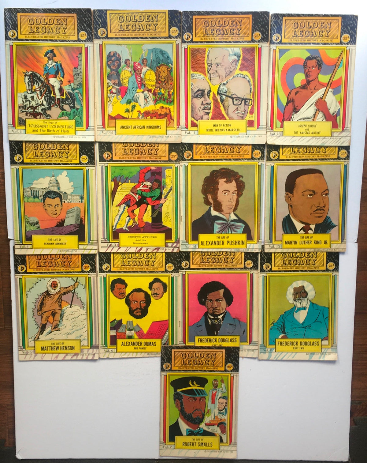 Lot of 13 Golden Legacy Illustrated History Magazine covers showcasing various historical figures and events including Frederick Douglass, Martin Luther King Jr., and Alexander Dumas.