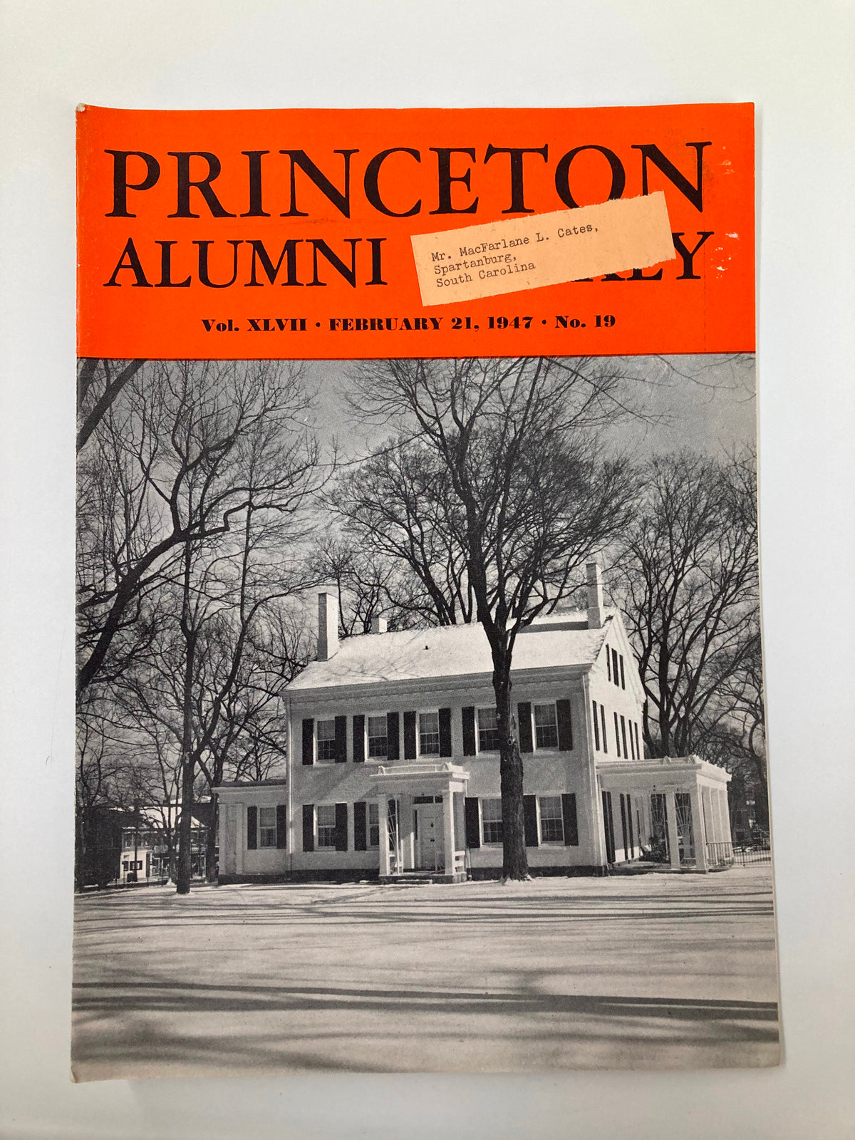 Cover of VTG Princeton Alumni Weekly February 21 1947, featuring the Alumni Day Bicentennial Convocation with a vintage black-and-white photograph of a building surrounded by trees and a label on the cover.