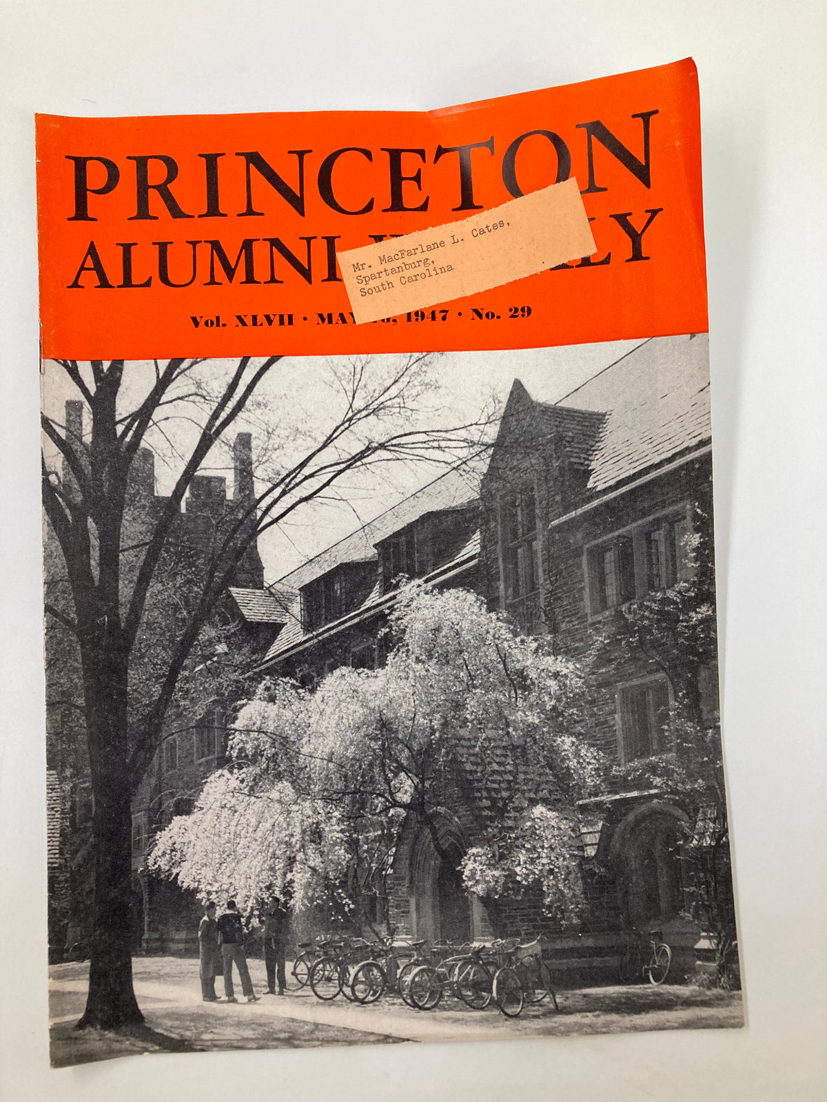 Cover of VTG Princeton Alumni Weekly May 16 1947 featuring a black and white photograph of campus architecture and scenery, showcasing an article dedicated to William E. Stevenson of Oberlin College.