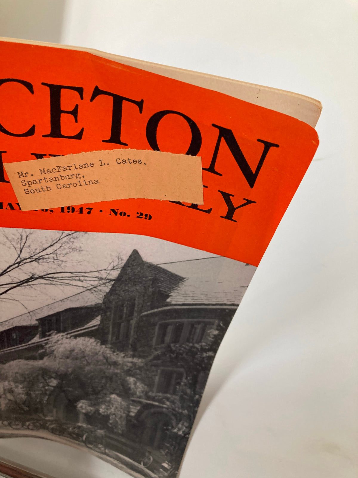 Side view of the VTG Princeton Alumni Weekly May 16 1947 showing the cover with a label addressed to Mr. MacFarlane L. Cates, highlighting the magazine's historical significance.