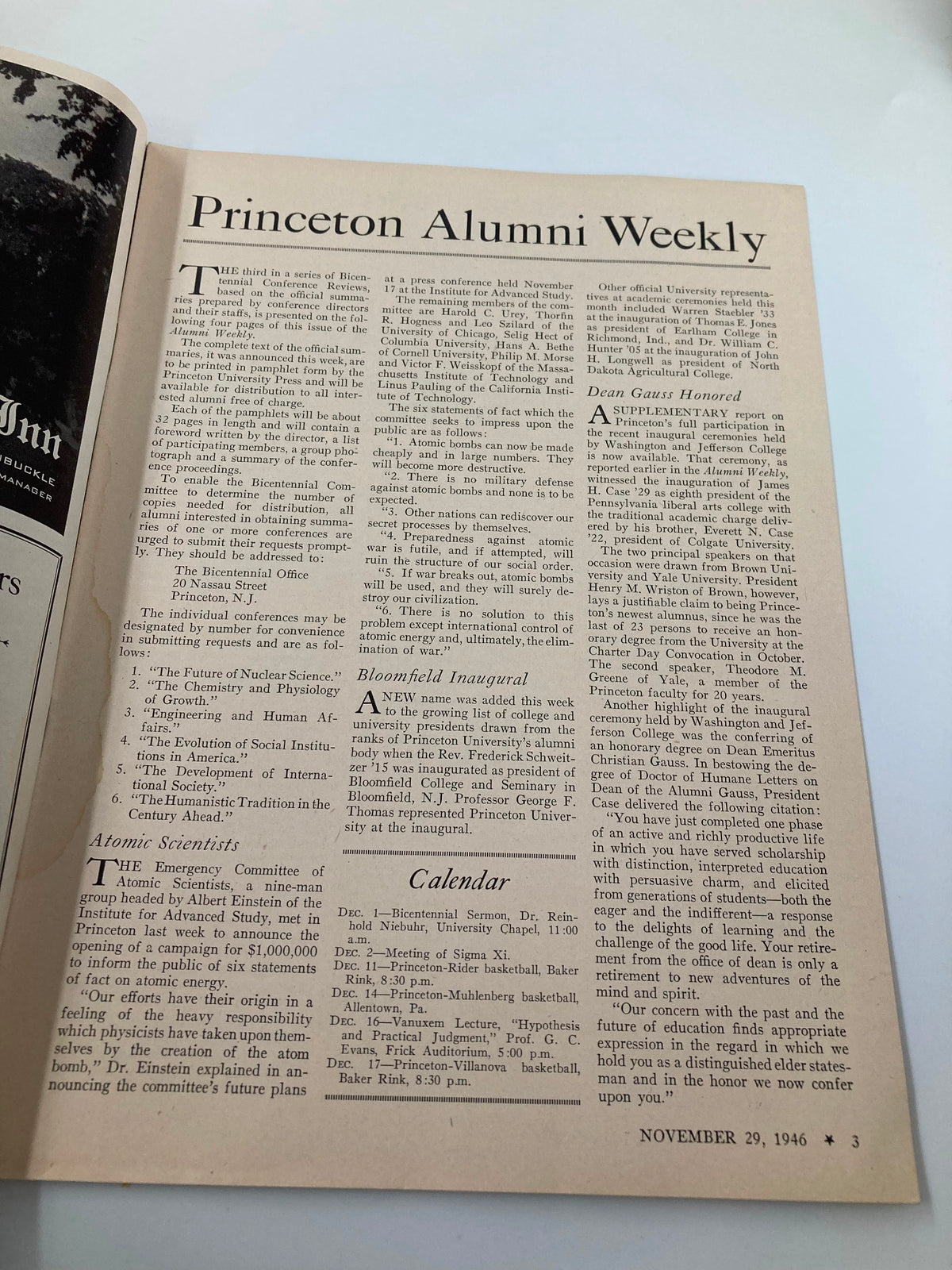 Inside page of VTG Princeton Alumni Weekly dated November 29, 1946, showcasing articles and announcements related to Princeton University and its alumni activities.