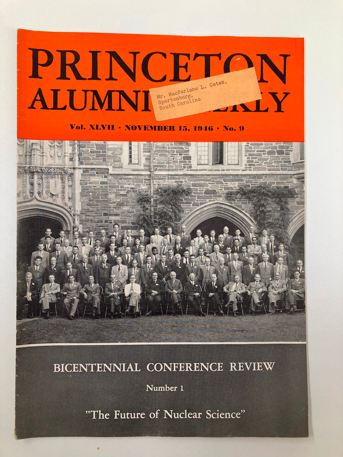 Cover of VTG Princeton Alumni Weekly November 15 1946 titled 'The Future of Nuclear Science', featuring a photo of alumni and a sticker label.