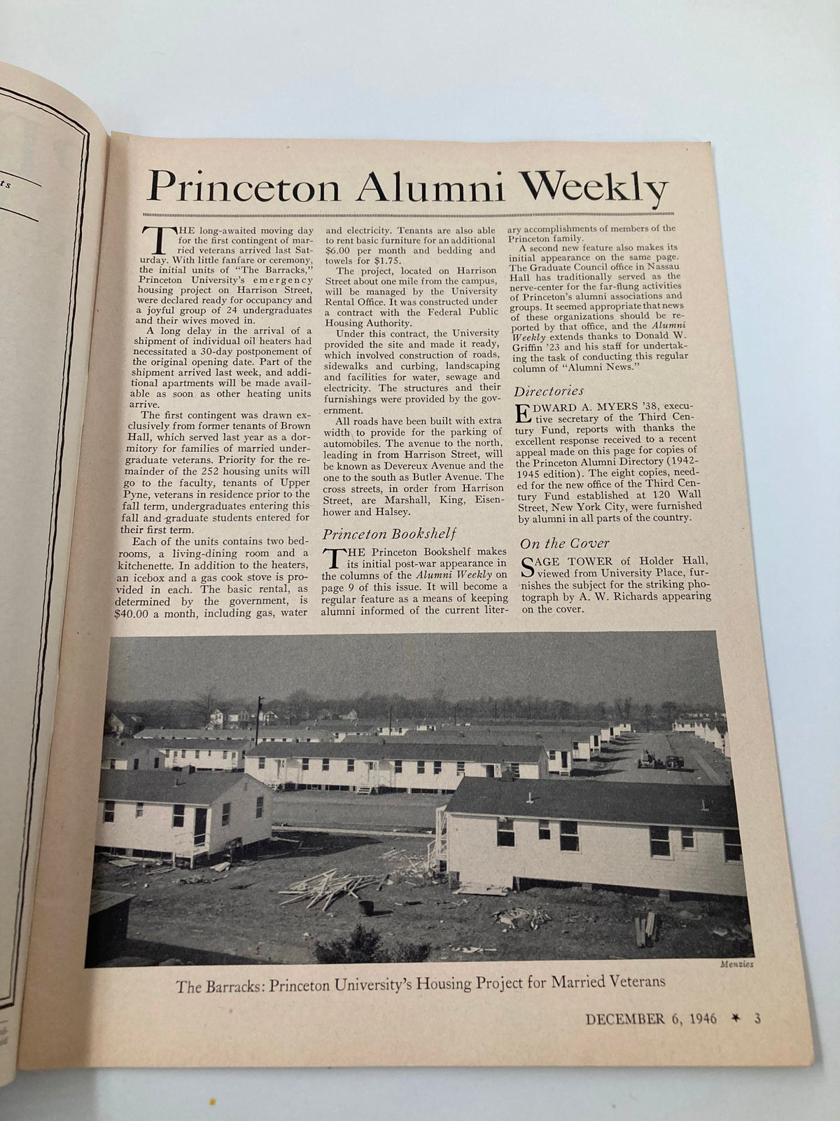 Interior page of VTG Princeton Alumni Weekly December 6 1946 discussing the Barracks housing project for married veterans, with an image of the housing project showing buildings under construction.