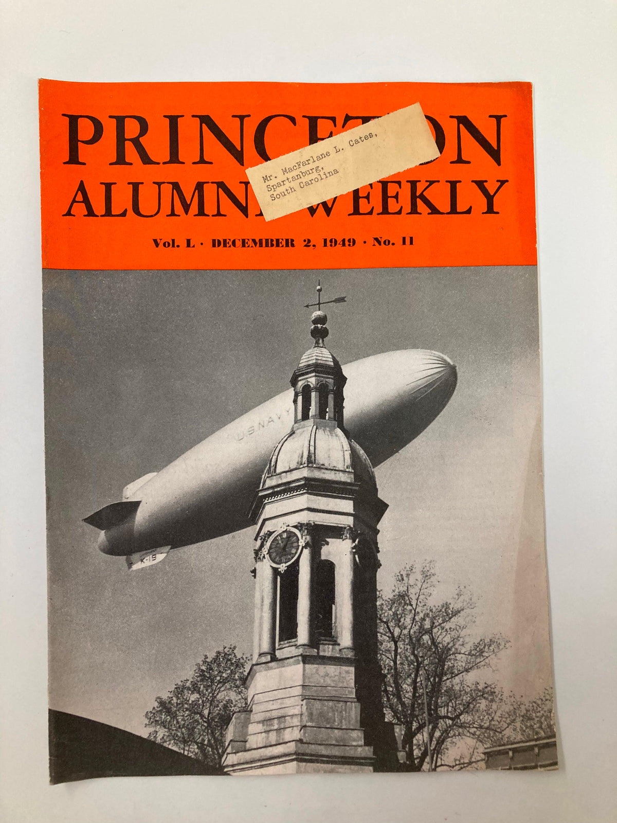 VTG Princeton Alumni Weekly December 2 1949 featuring a vintage image of a zeppelin flying over Princeton University, highlighting the iconic clock tower. This magazine captures the essence of collegiate football as the season concludes.
