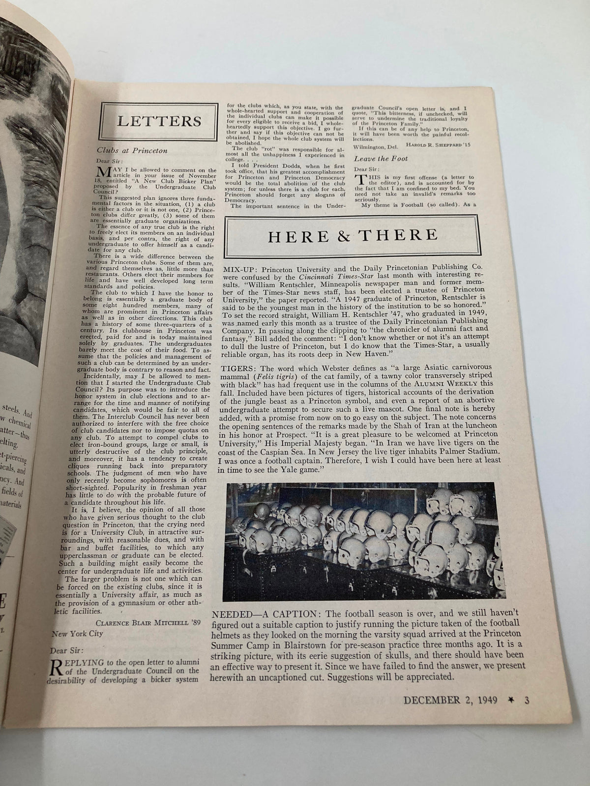 Inside page of the VTG Princeton Alumni Weekly dated December 2, 1949, featuring letters and articles related to Princeton University and its football traditions.