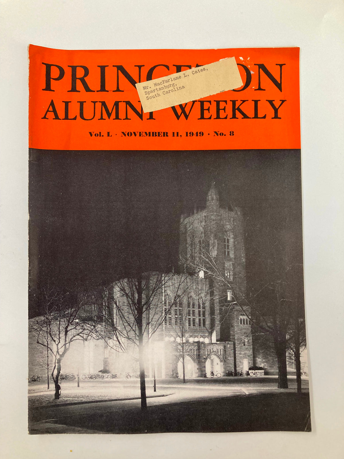 Cover of the VTG Princeton Alumni Weekly from November 11, 1949, featuring a nighttime scene with trees and a historic building. The magazine highlights the Princeton Alumni community.