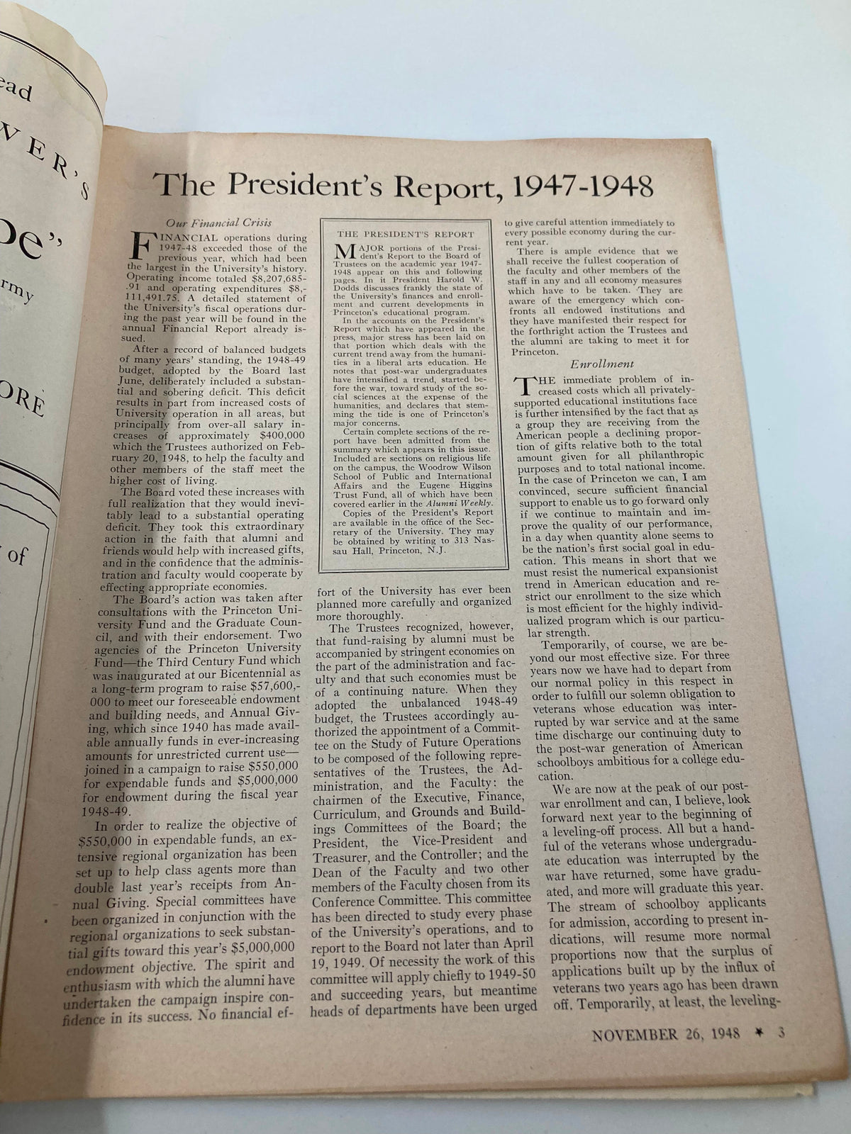 Inside page of VTG Princeton Alumni Weekly November 26, 1948 featuring The President's Report for 1947-1948, highlighting financial operations and challenges faced by the university in post-war America.