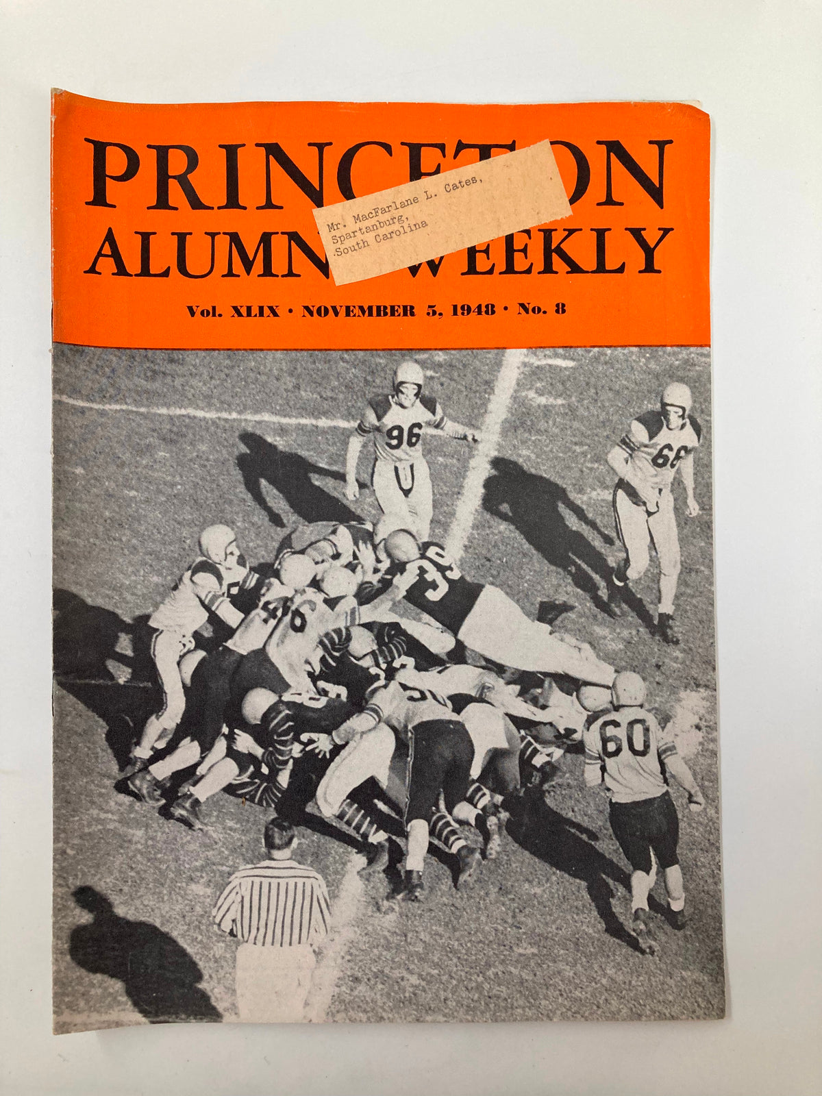 Cover of VTG Princeton Alumni Weekly, November 5, 1948, featuring a football game with players in action and a label addressed to Mr. Macfarlane L. Cates.
