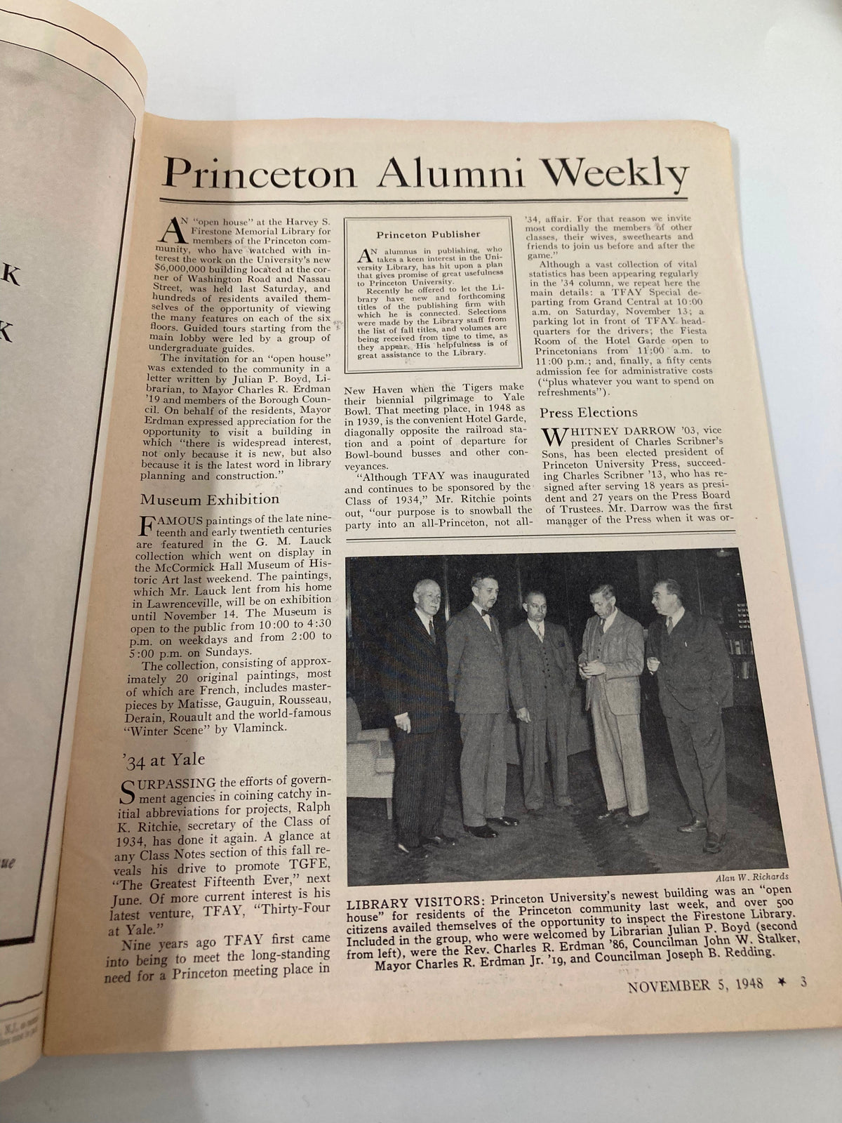 Inside page of VTG Princeton Alumni Weekly, November 5, 1948, showcasing articles about the Harvey S. Firestone Memorial Library and library visitors during an open house event.