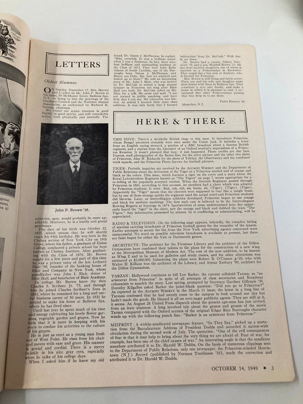 Inside page of VTG Princeton Alumni Weekly October 14 1949, featuring letters from alumni, including a profile of John P. Brown '76. Engaging content about the university and its alumni.