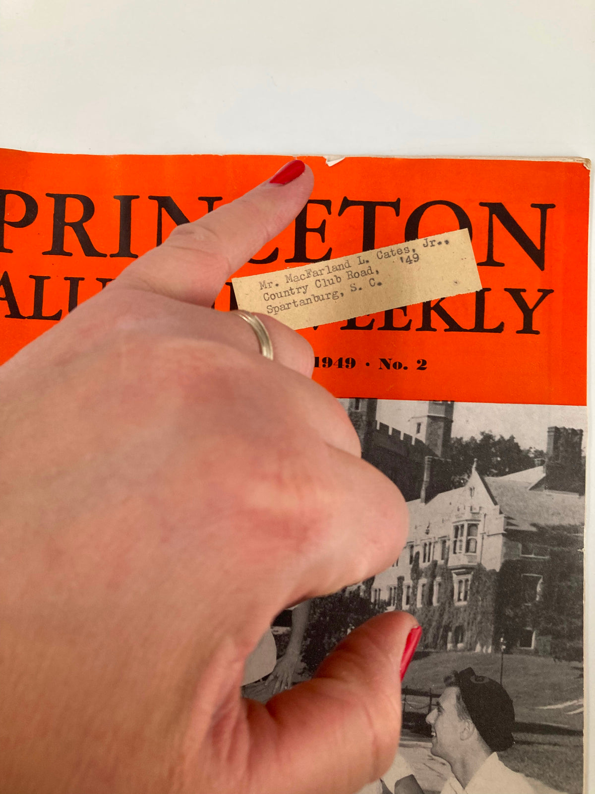 Close-up of the cover of VTG Princeton Alumni Weekly September 30, 1949 showing the title and a label with a handwritten name and address.