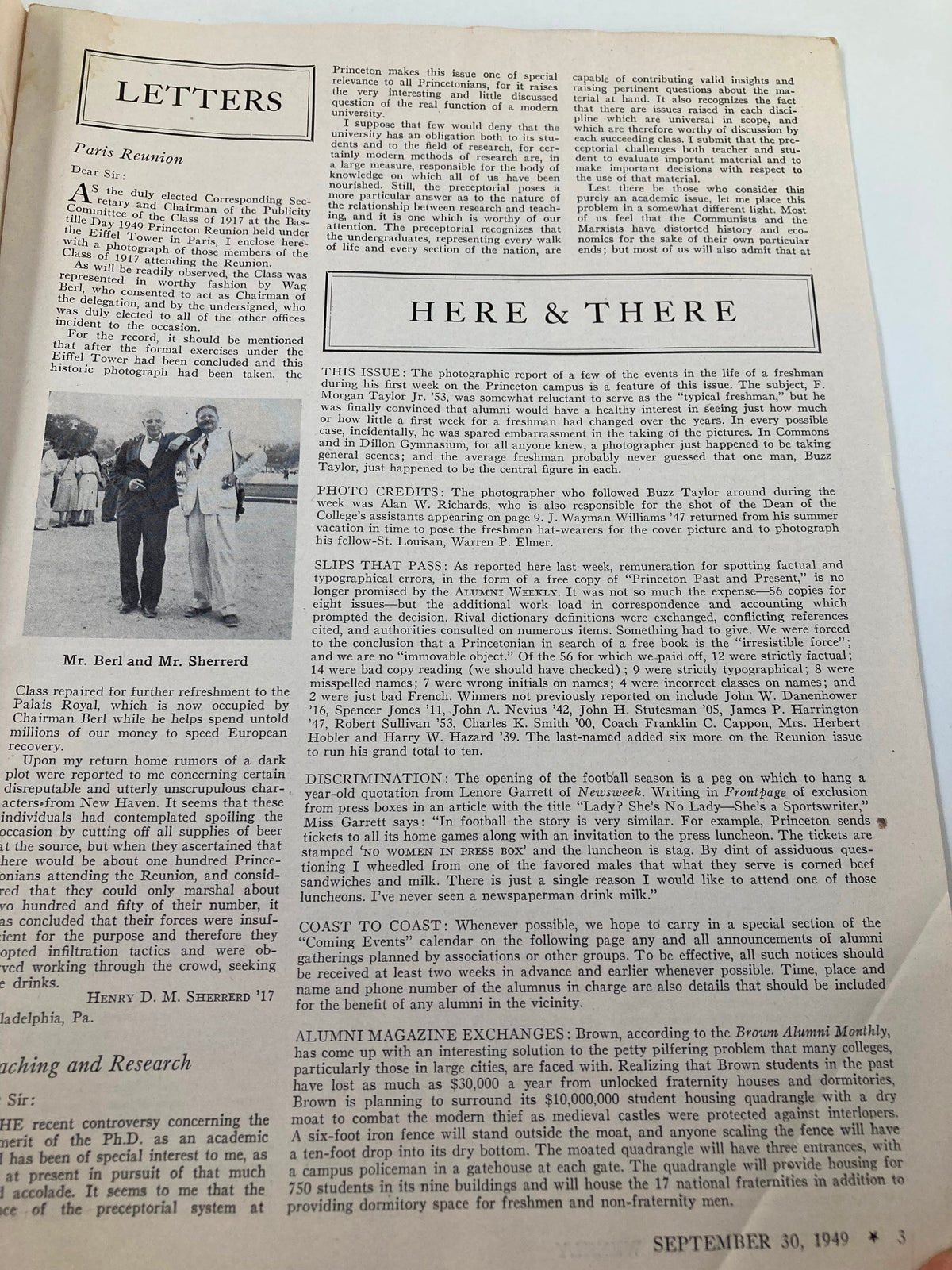 Inside page of VTG Princeton Alumni Weekly September 30, 1949, featuring letters and discussions related to the Paris Reunion, capturing post-war Princeton University culture.