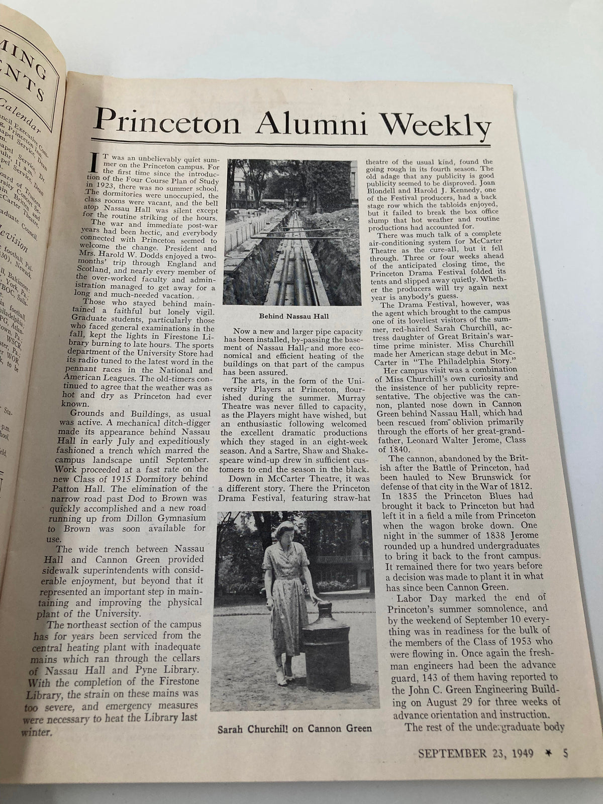 Inside page of the September 23, 1949 Princeton Alumni Weekly featuring Nassau Hall and Sarah Churchill on Cannon Green.