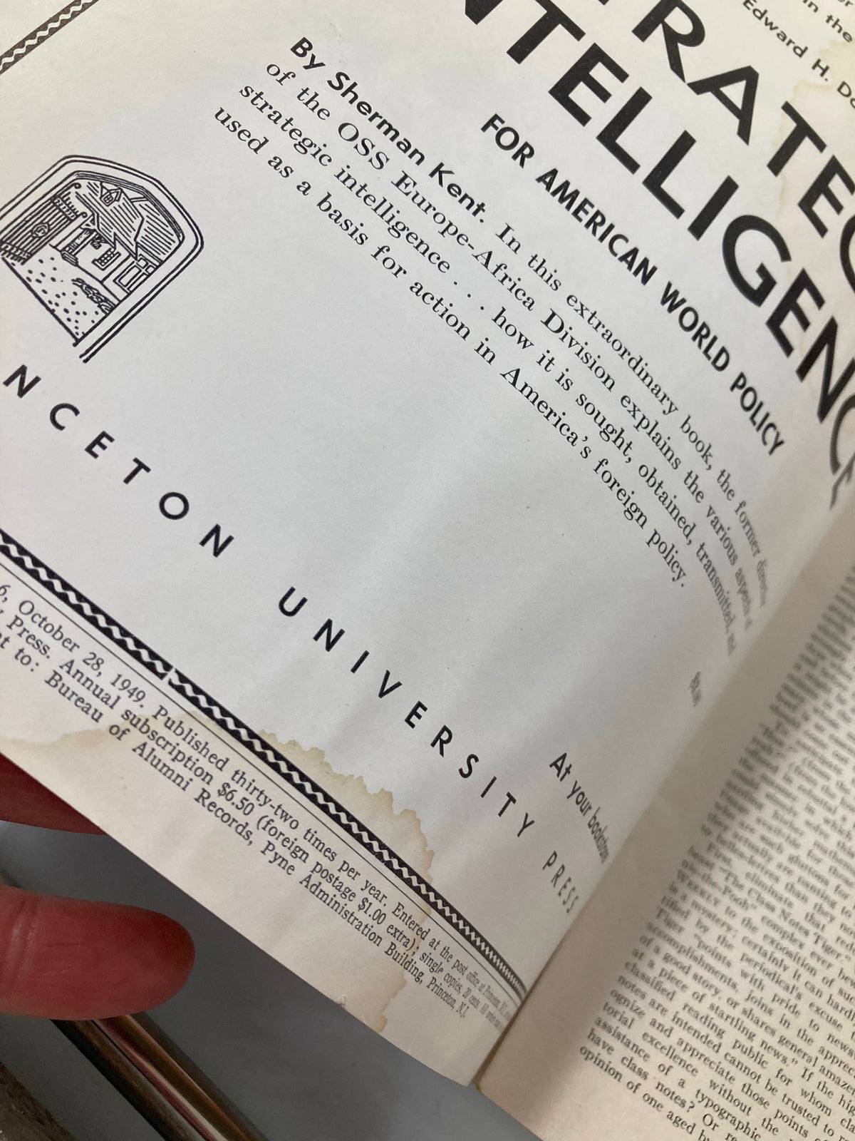Page from VTG Princeton Alumni Weekly October 28 1949 discussing strategic intelligence in American foreign policy.