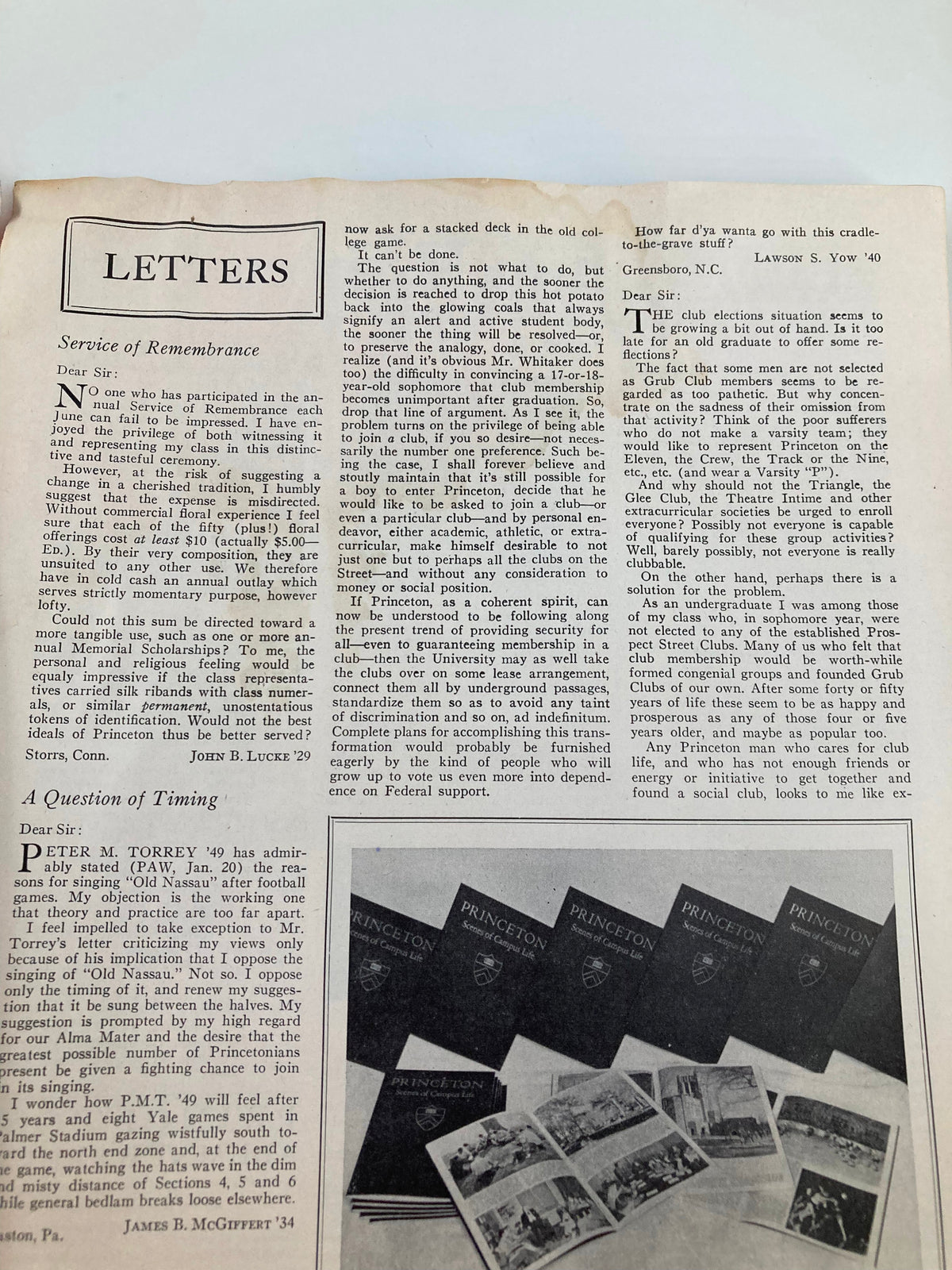 Letter section from VTG Princeton Alumni Weekly February 24, 1950, featuring discussions reflecting the alumni's thoughts, adding context to the era.