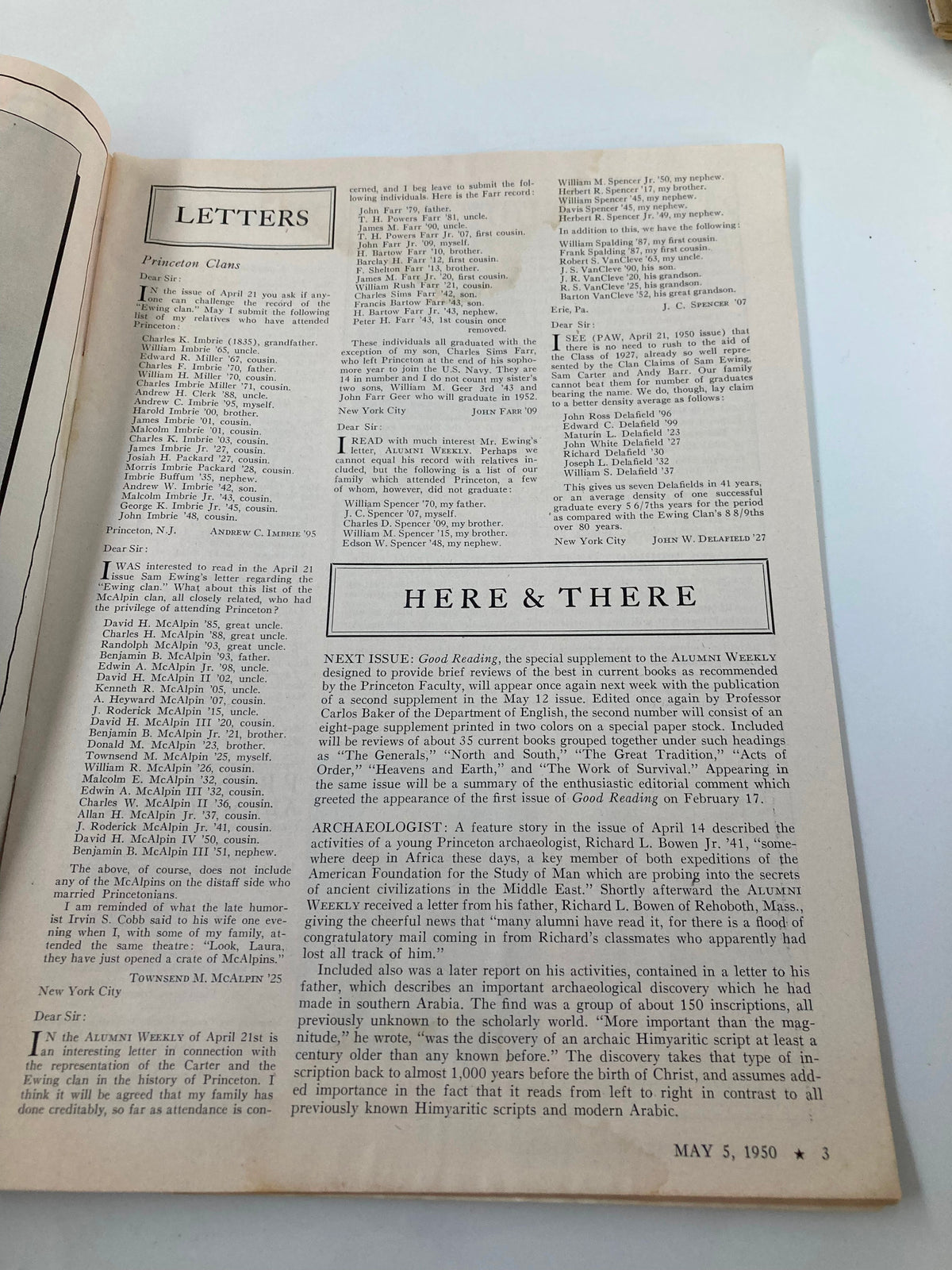 Interior page of the VTG Princeton Alumni Weekly May 5 1950 displaying letters and articles, offering insights into Princeton University's alumni conversations.