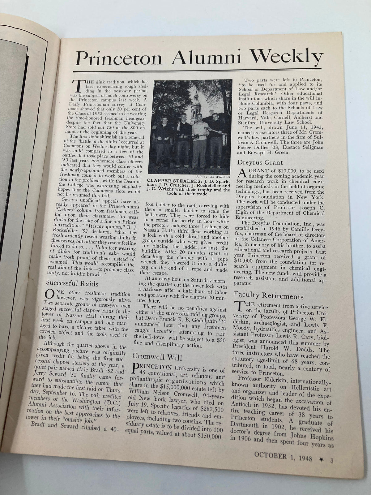 Vintage Princeton Alumni Weekly October 1 1948 Clapper Stealers J.D. Sparkman