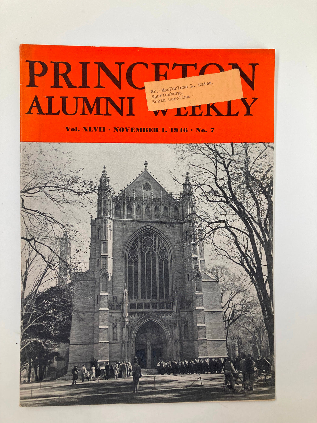 VTG Princeton Alumni Weekly November 1 1946 cover featuring the iconic Princeton University architecture, showcasing historical context with a label addressed to Mr. MacFarlane L. Cates from Spartanburg, South Carolina.
