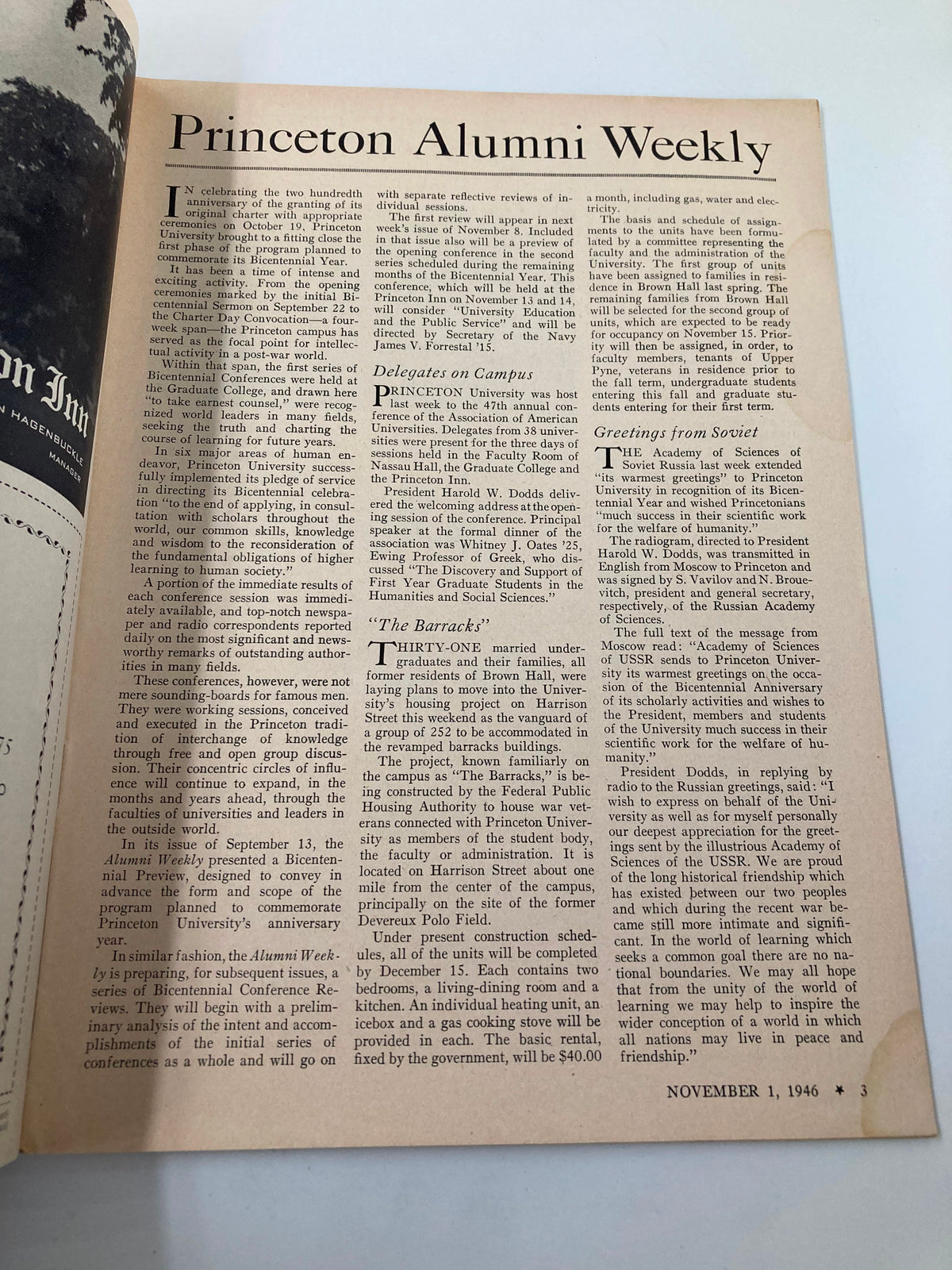 Inside page of VTG Princeton Alumni Weekly November 1 1946, displaying articles with historical discussions on the Academy of Sciences in Soviet Russia and Princeton University's bicentennial celebrations.